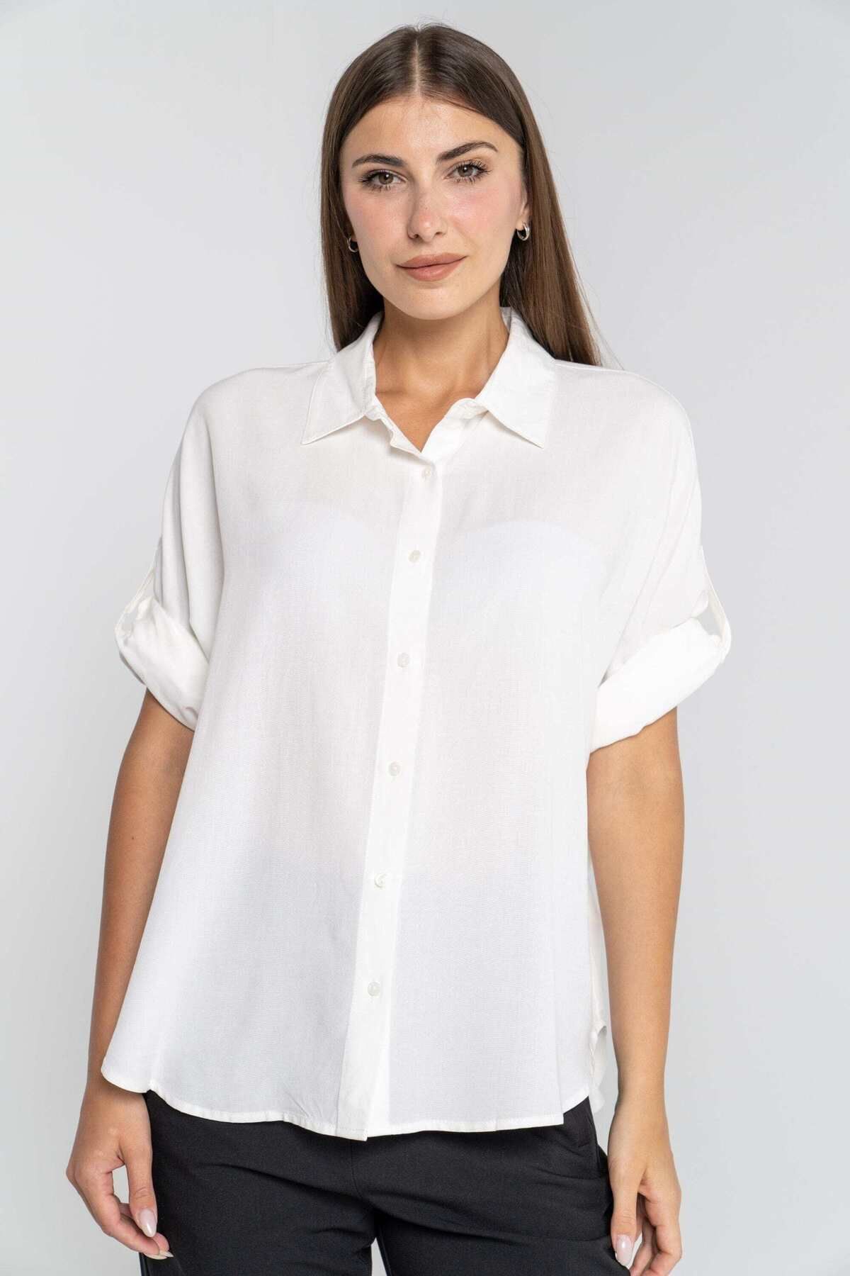 mica-Plain 3/4 Sleeve Button-Up Shirt with Collar 1