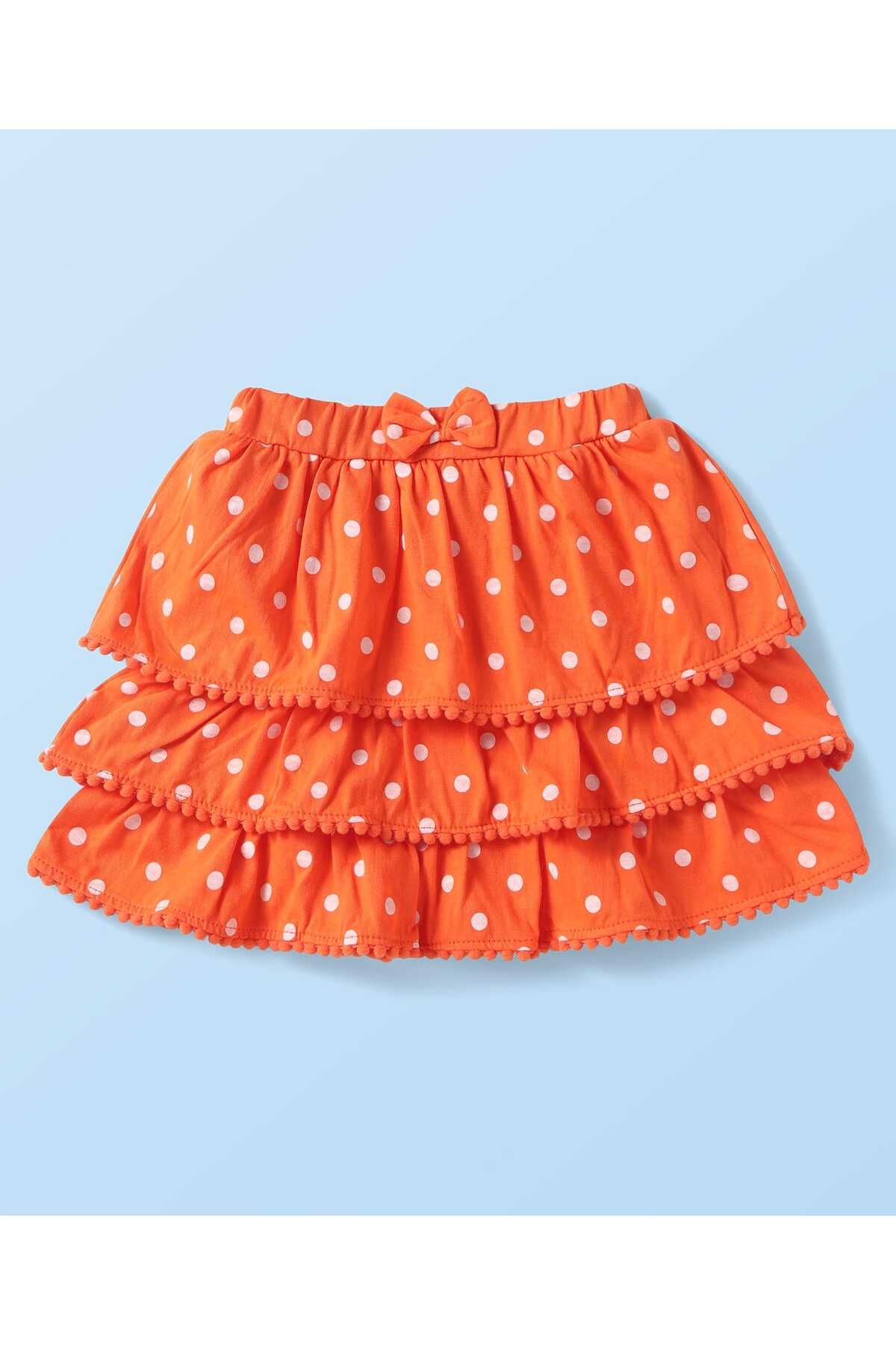 Babyhug-Top & Skirt Set with Bird and Polka Dots Print & Bow Applique - Orange & White 4