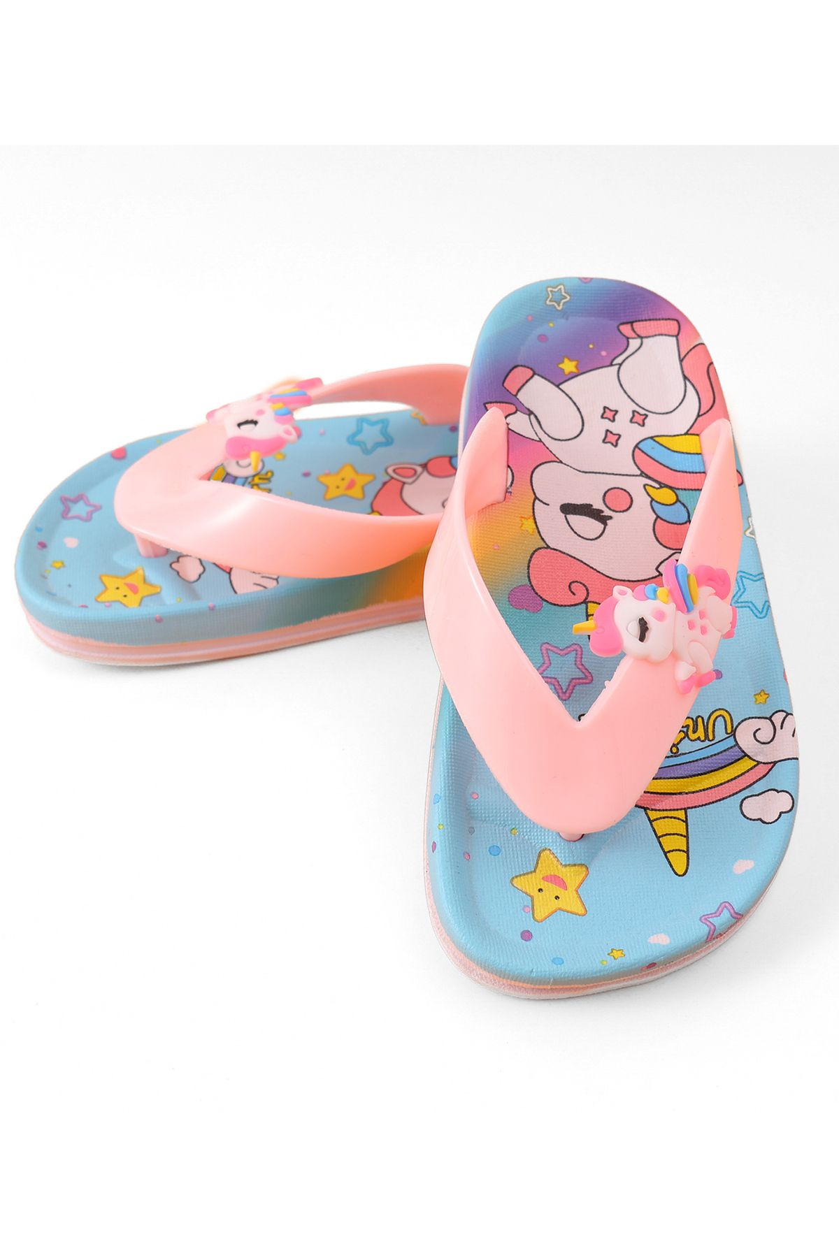 SAPS-Unicorn Print Slip On Flip Flops - Blue 3