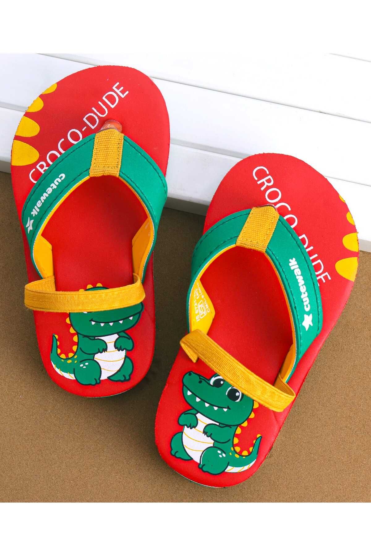 Cute Walk by Babyhug-Cute Walk by Babyhug Flip Flops with Back Strap & Crocodile Print - Red 1
