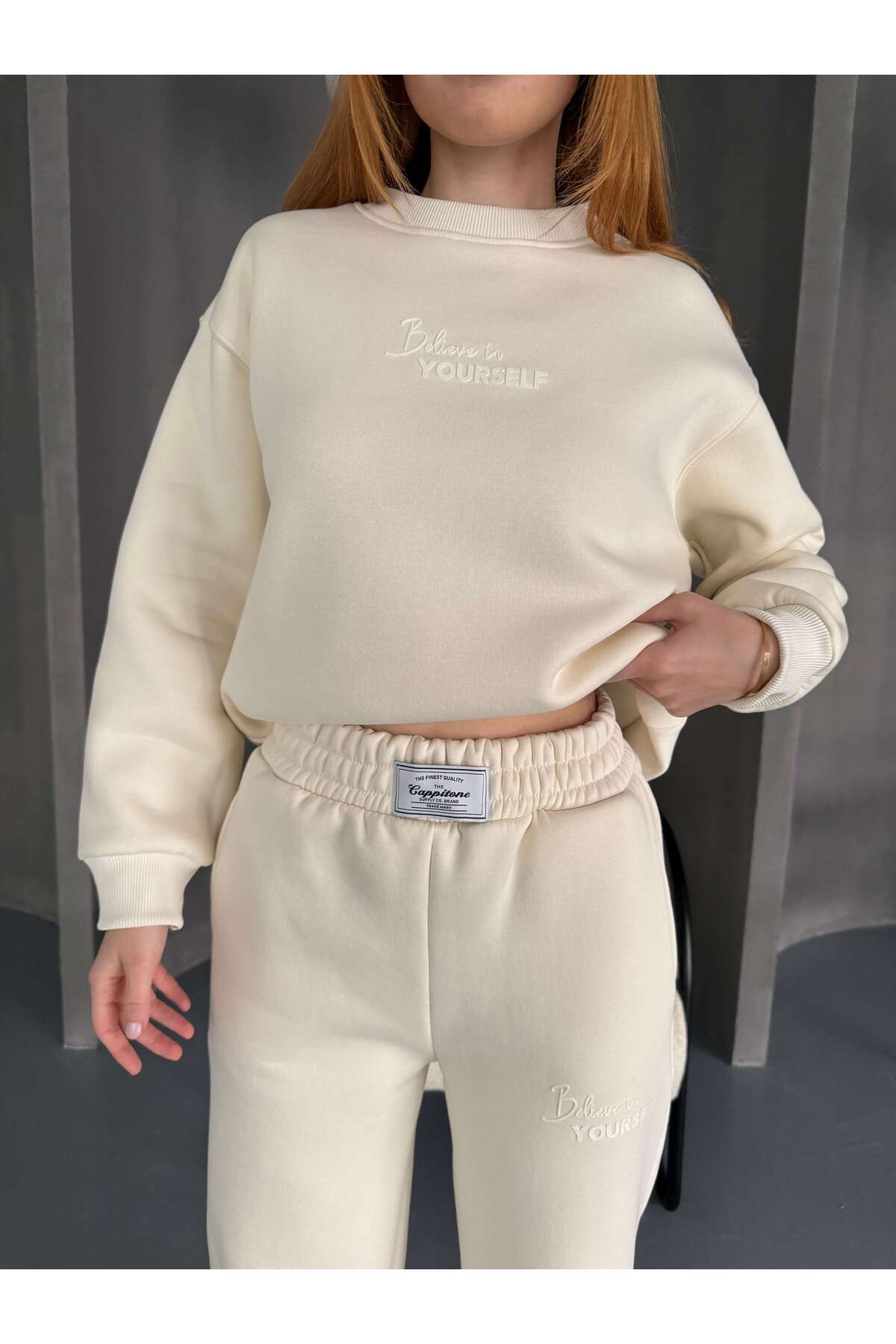 Cappmoda-Tkm-0040 Ecru Believe İn Yourself Embossed Lettering Printed Three Thread Raster Double Set 3