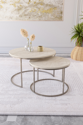 Dekoport Milas Orta Sehpa 75-60cm Pirinç Eskitme Renk Metal - Traverten Desen...