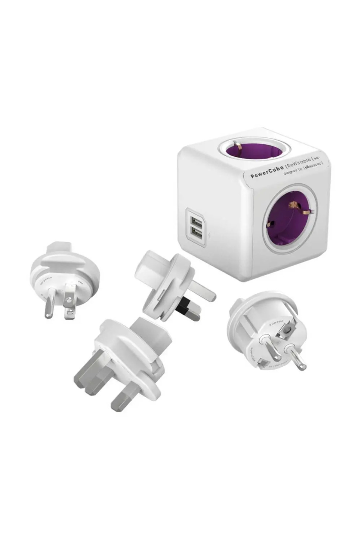 Allocacoc-Prelungitor cubic, Powercube de la Allocacoc, 3 adaptoare, 2xUSB, 4 prize, alb/violet 1
