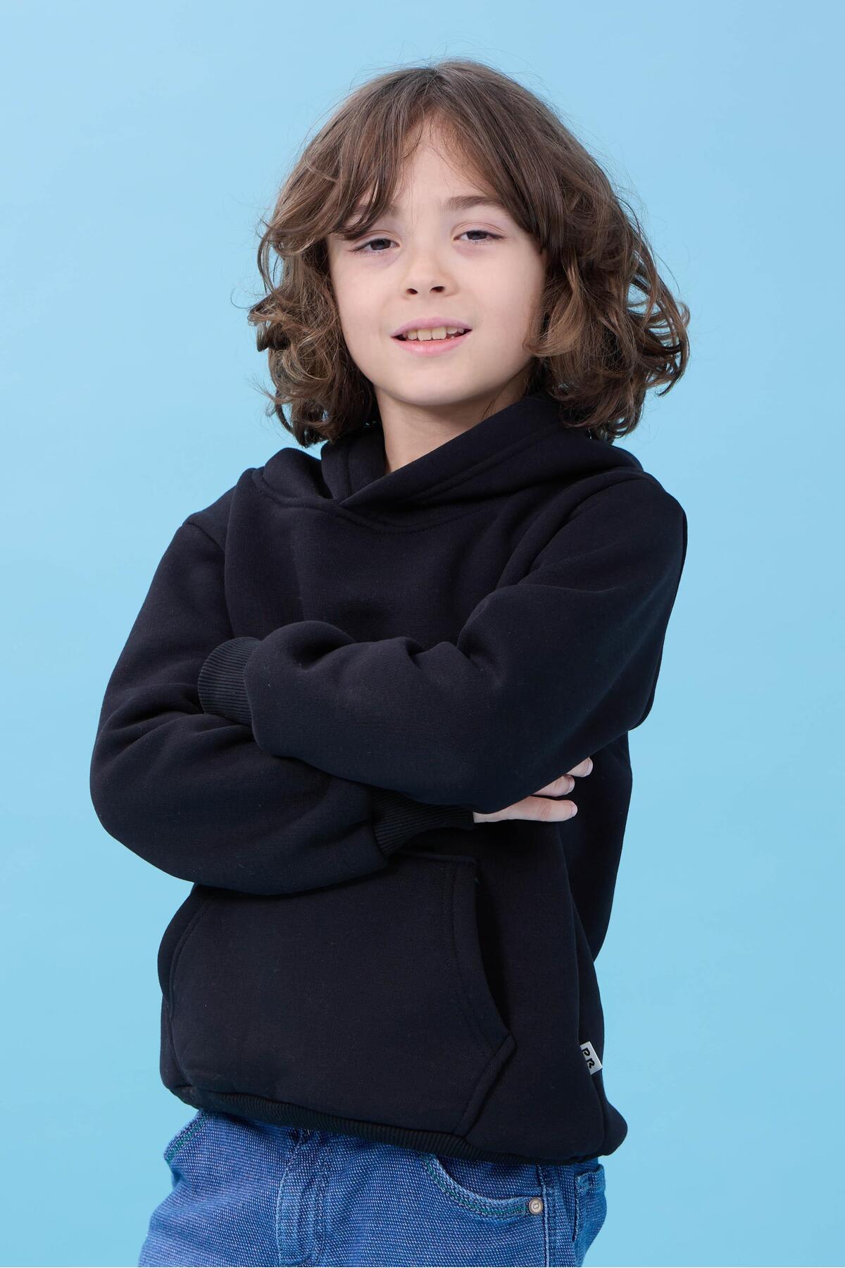 Perendi Unisex Kapüşonlu Kanguru Cepli Şardonlu Kışlık Sweatshirt - Siyah fotoğrafı 7 (önizleme)