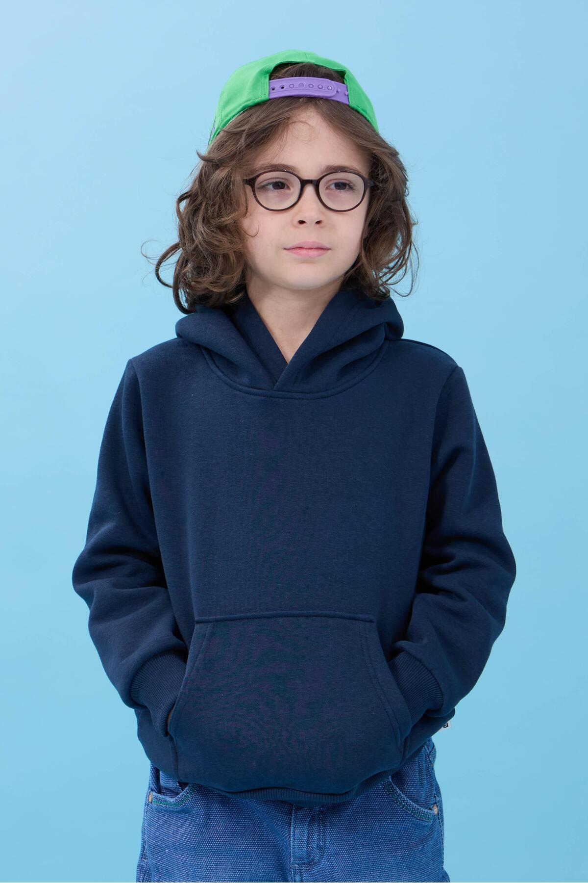 Perendi Unisex Kapüşonlu Kanguru Cepli Şardonlu Kışlık Sweatshirt - Lacivert fotoğrafı 5 (önizleme)