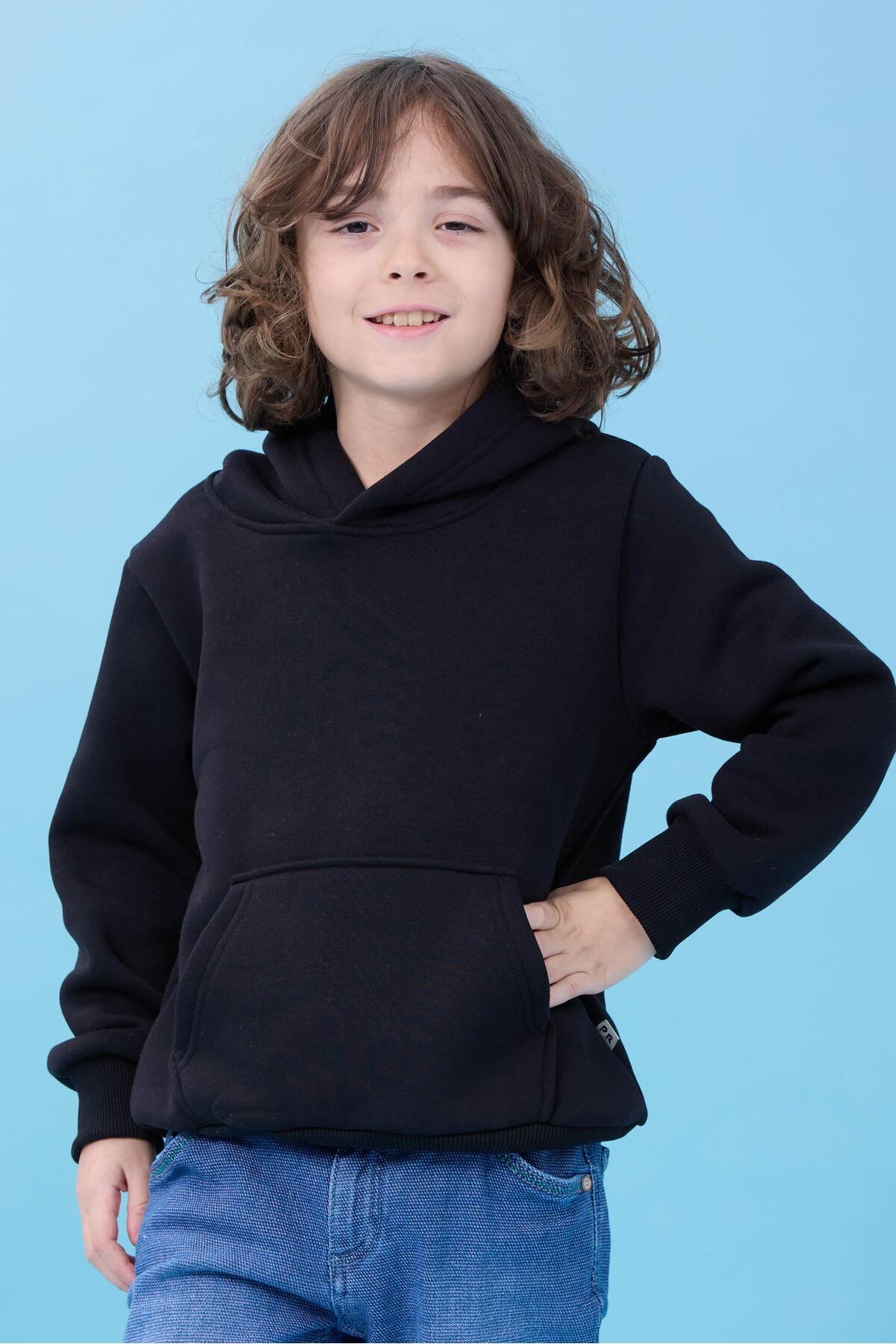 Perendi Unisex Kapüşonlu Kanguru Cepli Şardonlu Kışlık Sweatshirt - Siyah fotoğrafı 5 (önizleme)