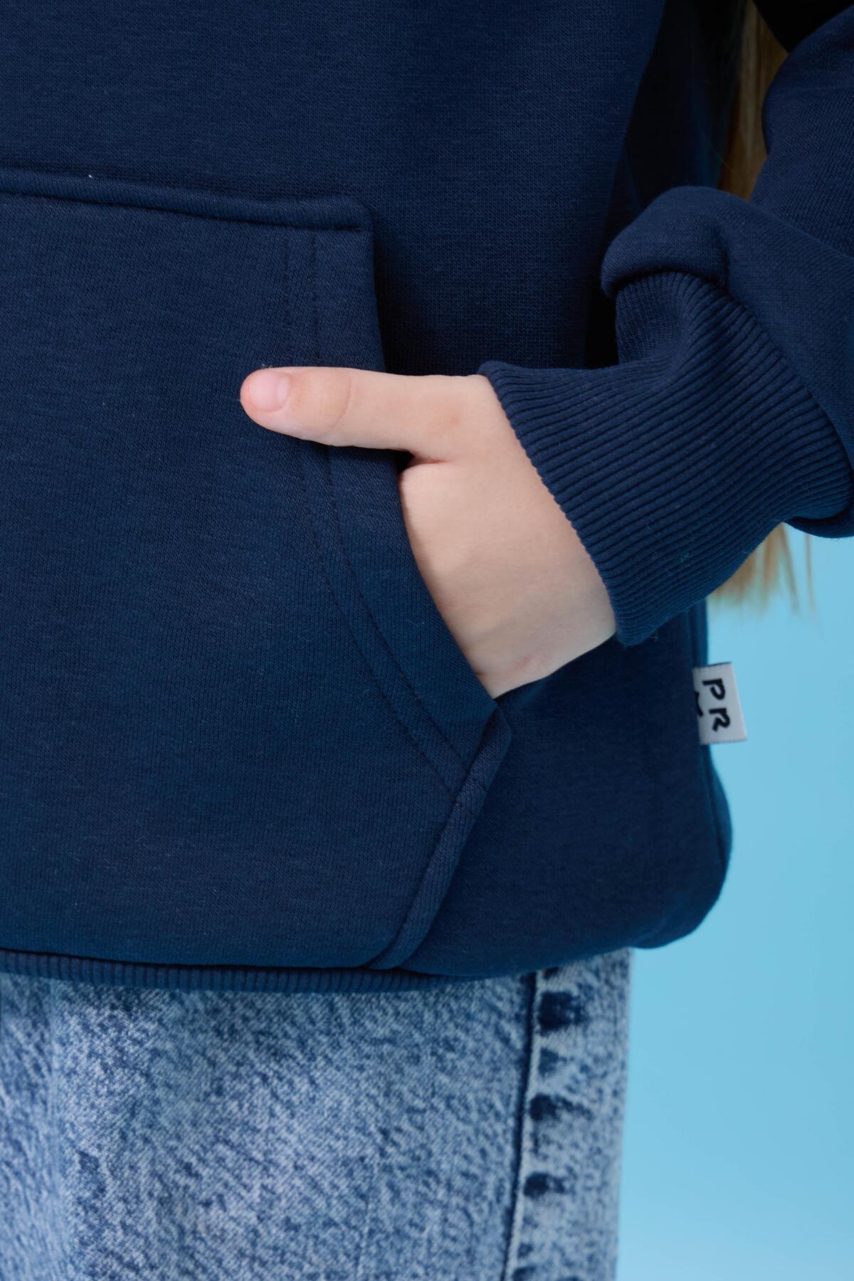 Perendi Unisex Kapüşonlu Kanguru Cepli Şardonlu Kışlık Sweatshirt - Lacivert fotoğrafı 3 (önizleme)