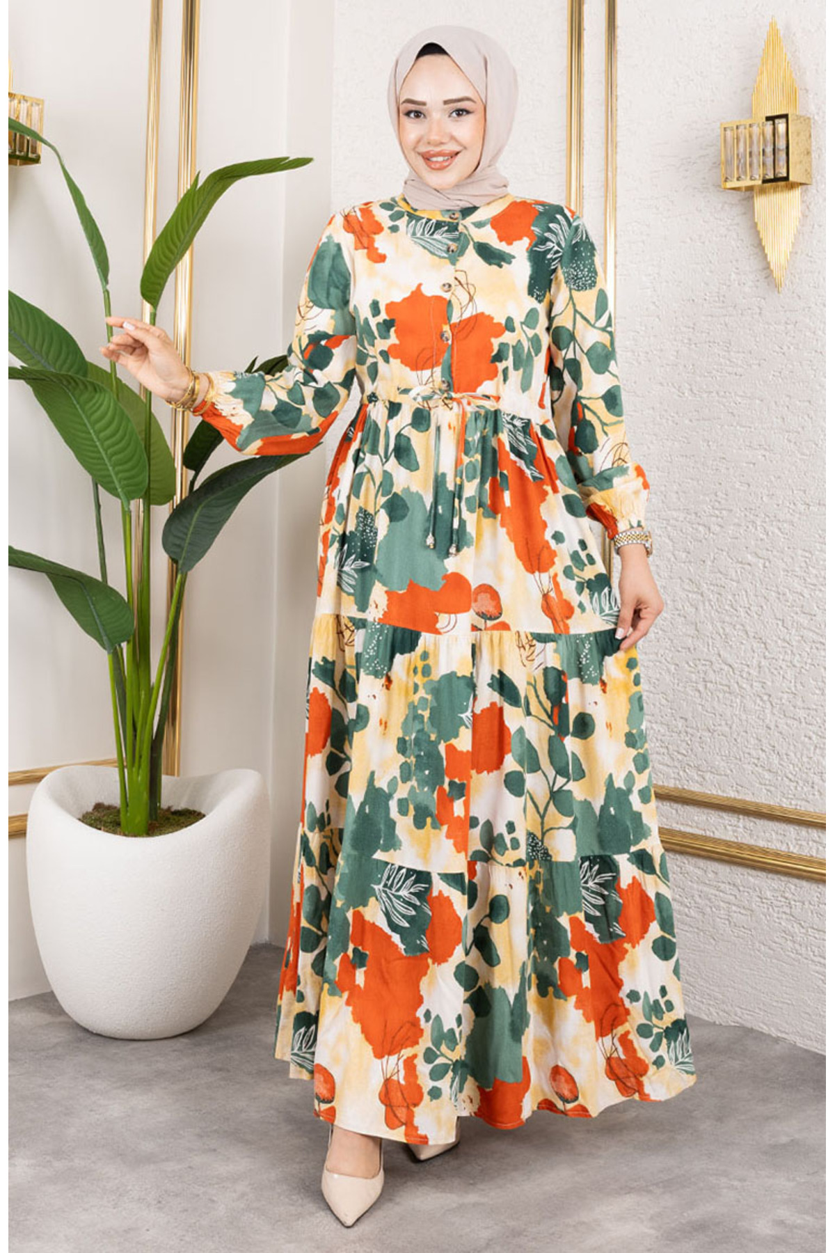 sefamerve  Viskon Kumaş Beli Bağcıklı Elbise 7124-02 Haki - Görsel 2