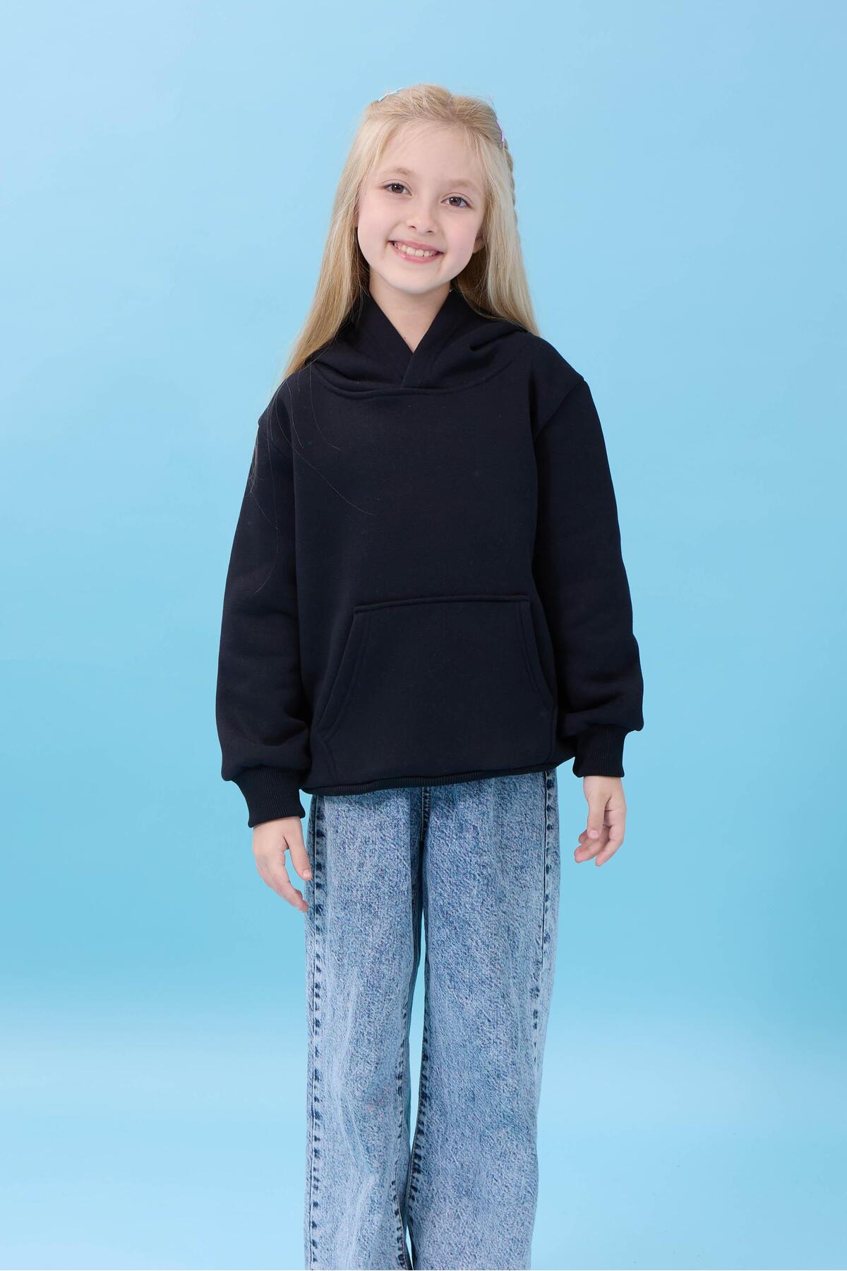 Perendi Unisex Kapüşonlu Kanguru Cepli Şardonlu Kışlık Sweatshirt - Siyah fotoğrafı 4 (önizleme)