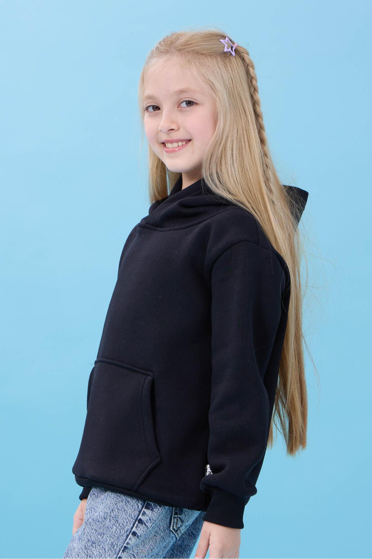 Perendi Unisex Kapüşonlu Kanguru Cepli Şardonlu Kışlık Sweatshirt - Siyah fotoğrafı 6 (önizleme)