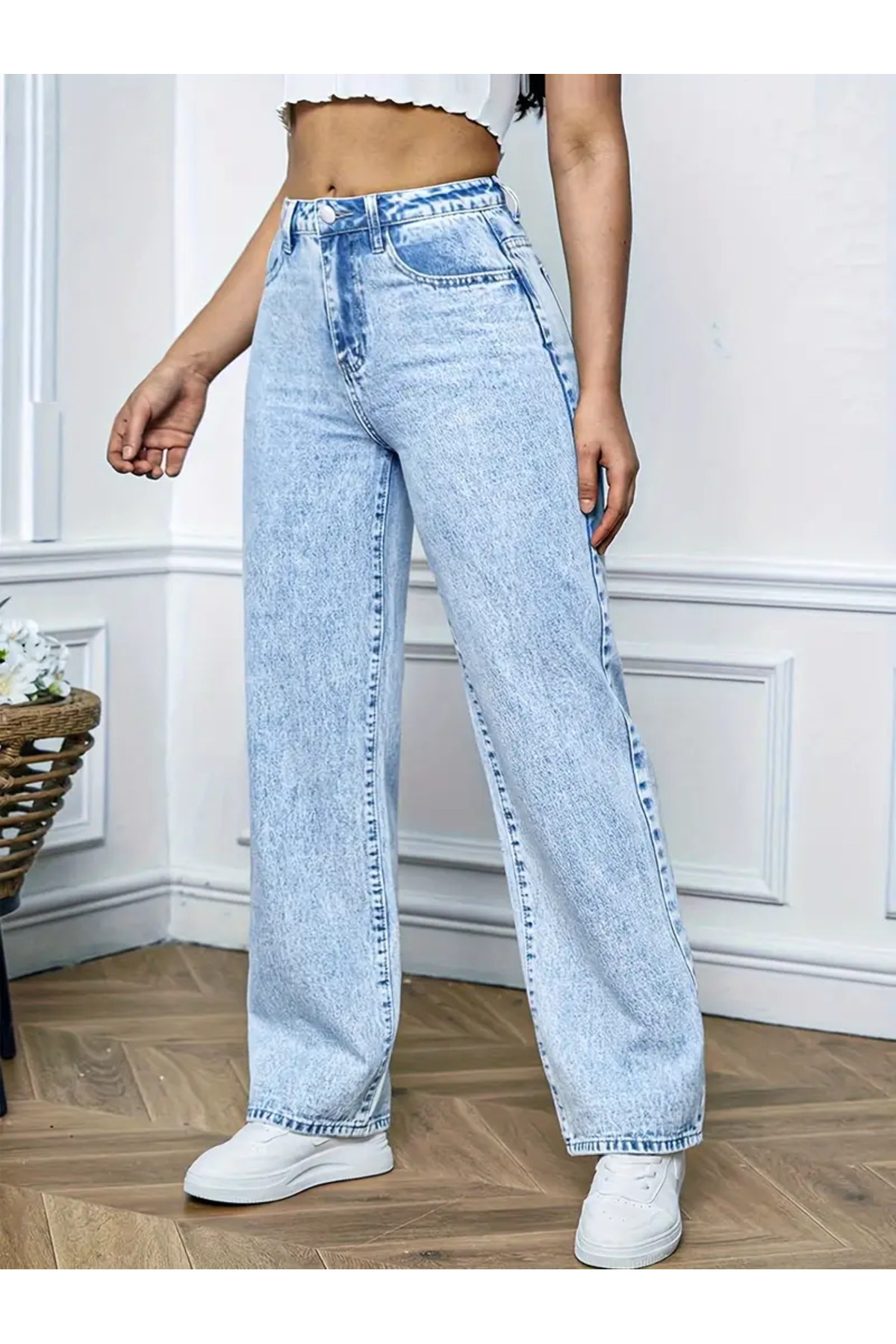 ELA Women's 90's Snow Wash Ice Blue Lycra Super High Waist Loose Jeans Palazzo Jeans