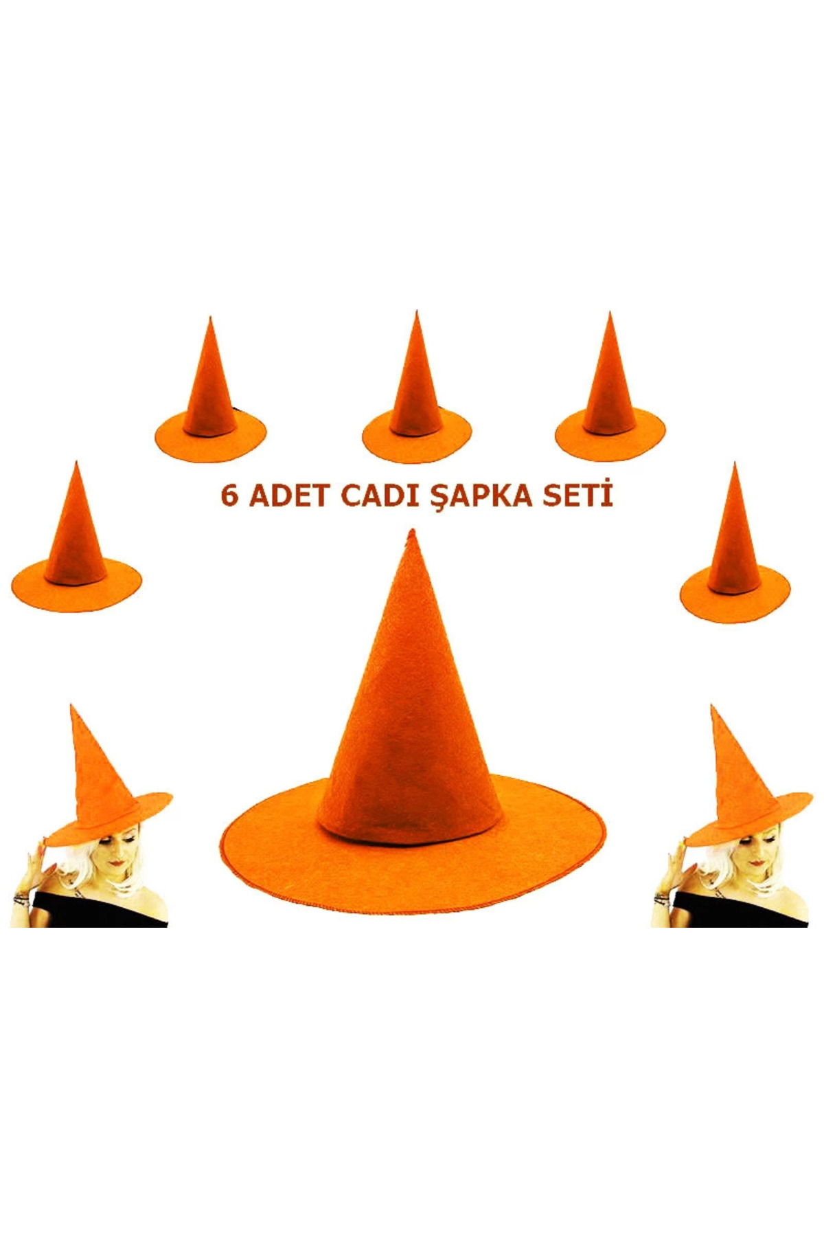 SgsOutlet Turuncu Renk Keçe Cadı Şapkası Yetişkin Çocuk Uyumlu 6 Adet