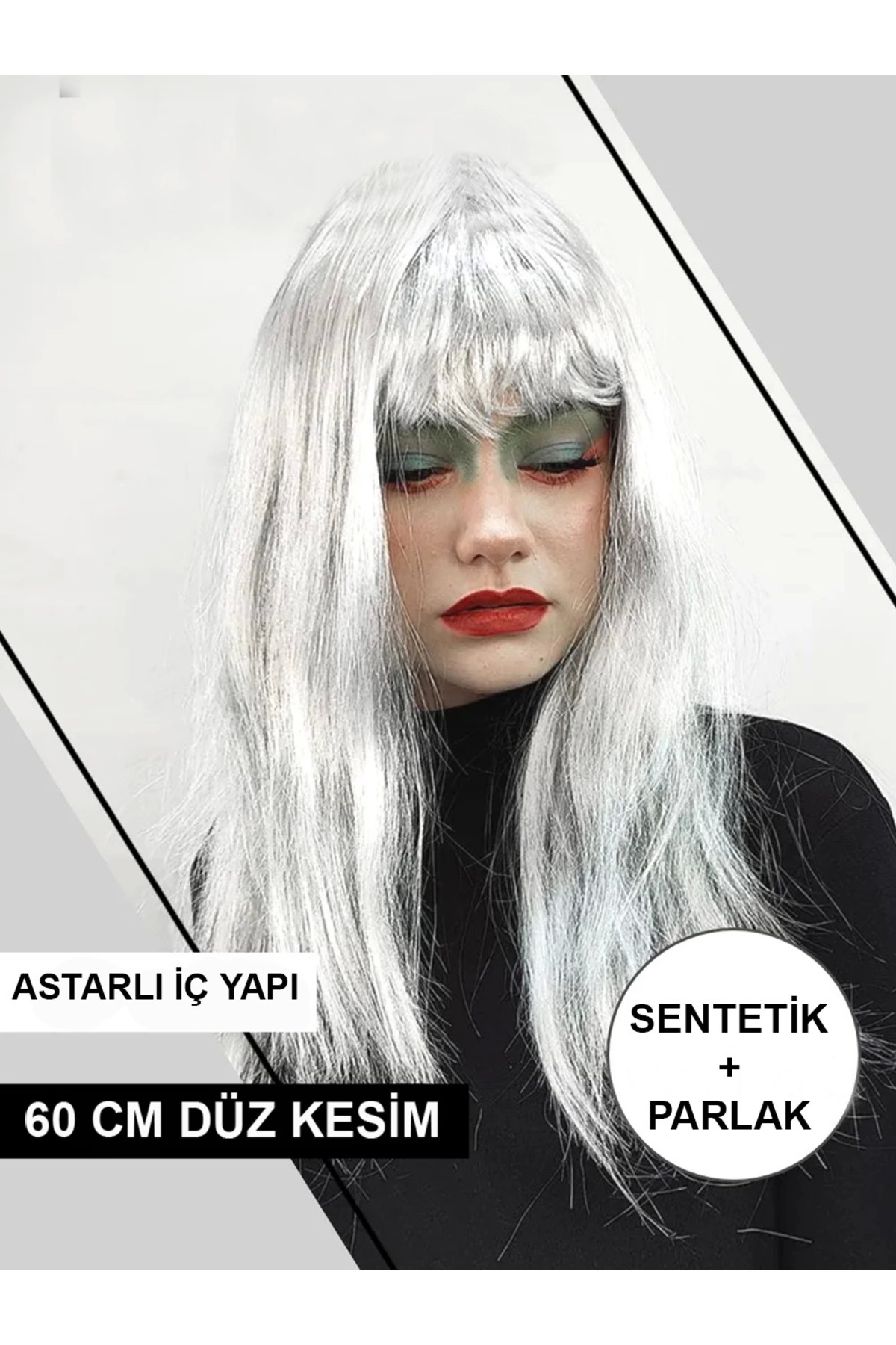 AyrStore Platin Gri Gümüş Renk Uzun Parti Peruğu Uzun Takma Peruk