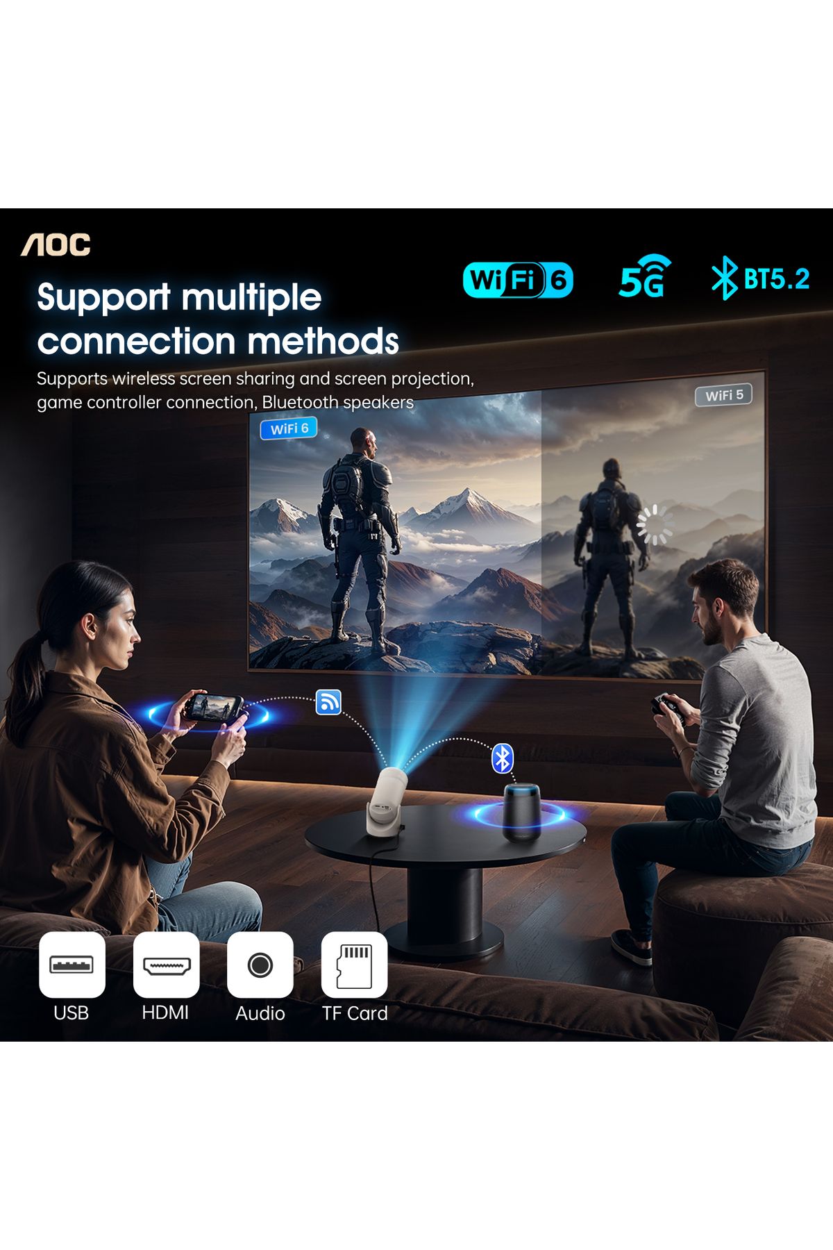 Aoc-جهاز عرض مزود بشبكة واي فاي وبلوتوث، يدعم دقة 4K كاملة الوضوح مع إمكانية تعديل الدوران بزاوية 180 درجة، سطوع 220 لومن ANSI 3