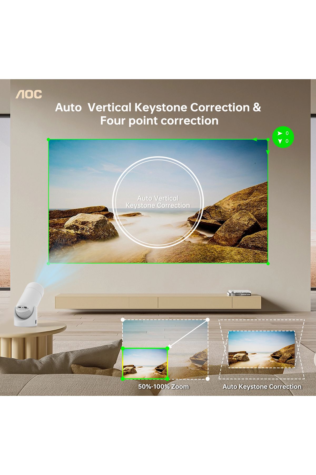 Aoc-جهاز عرض مزود بشبكة واي فاي وبلوتوث، يدعم دقة 4K كاملة الوضوح مع إمكانية تعديل الدوران بزاوية 180 درجة، سطوع 220 لومن ANSI 7