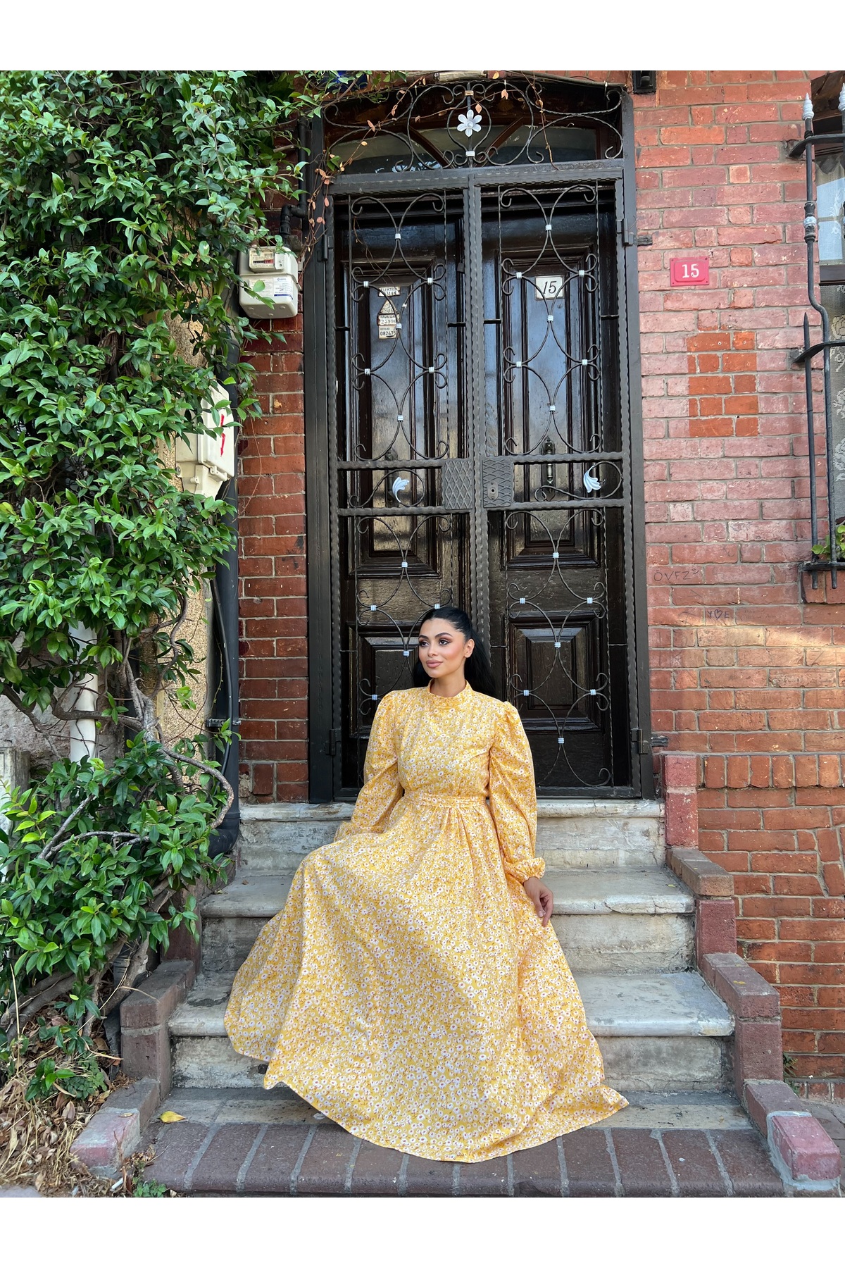 KÜÇÜĞÜM BUTİK  Tesettür Sarı Papatya Poplin Kloş Elbise - Görsel 4