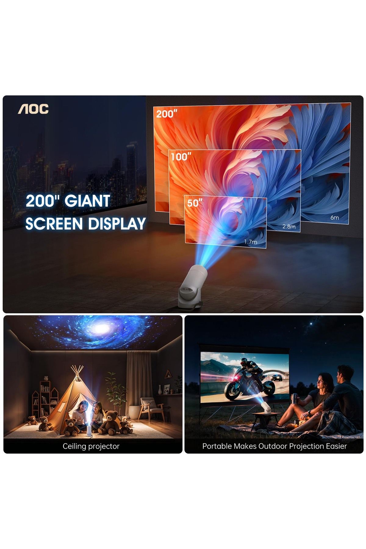 Aoc-جهاز عرض مزود بشبكة واي فاي وبلوتوث، يدعم دقة 4K كاملة الوضوح مع إمكانية تعديل الدوران بزاوية 180 درجة، سطوع 220 لومن ANSI 6