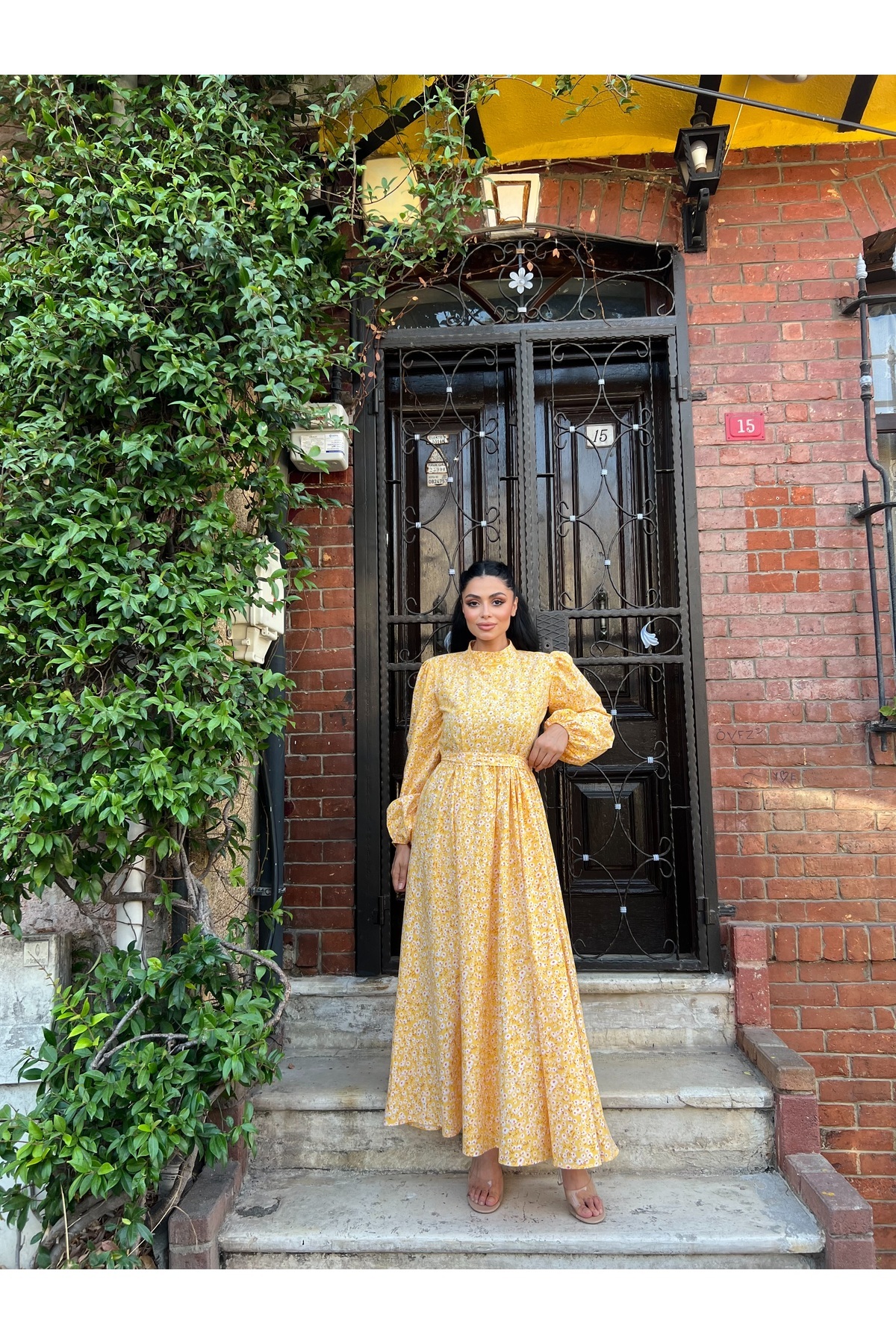 KÜÇÜĞÜM BUTİK  Tesettür Sarı Papatya Poplin Kloş Elbise - Görsel 7