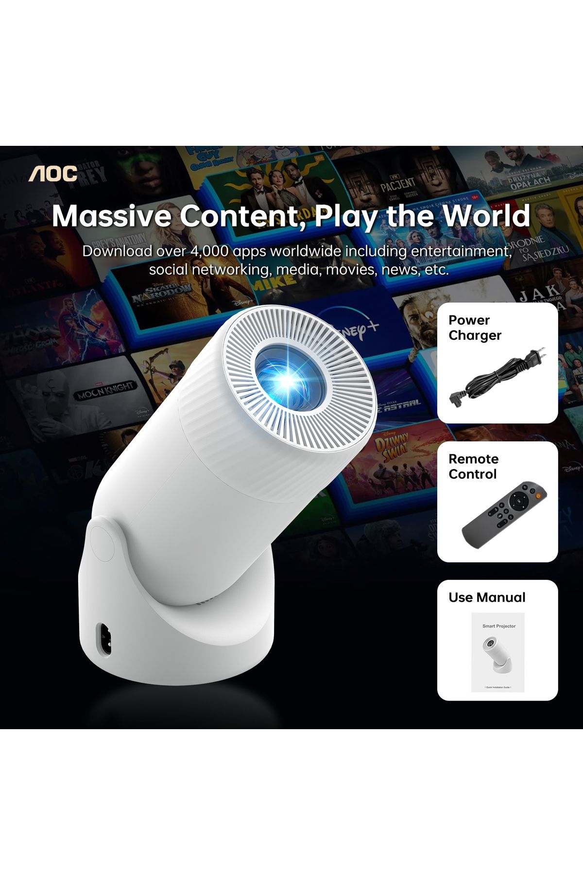 Aoc-جهاز عرض مزود بشبكة واي فاي وبلوتوث، يدعم دقة 4K كاملة الوضوح مع إمكانية تعديل الدوران بزاوية 180 درجة، سطوع 220 لومن ANSI 8