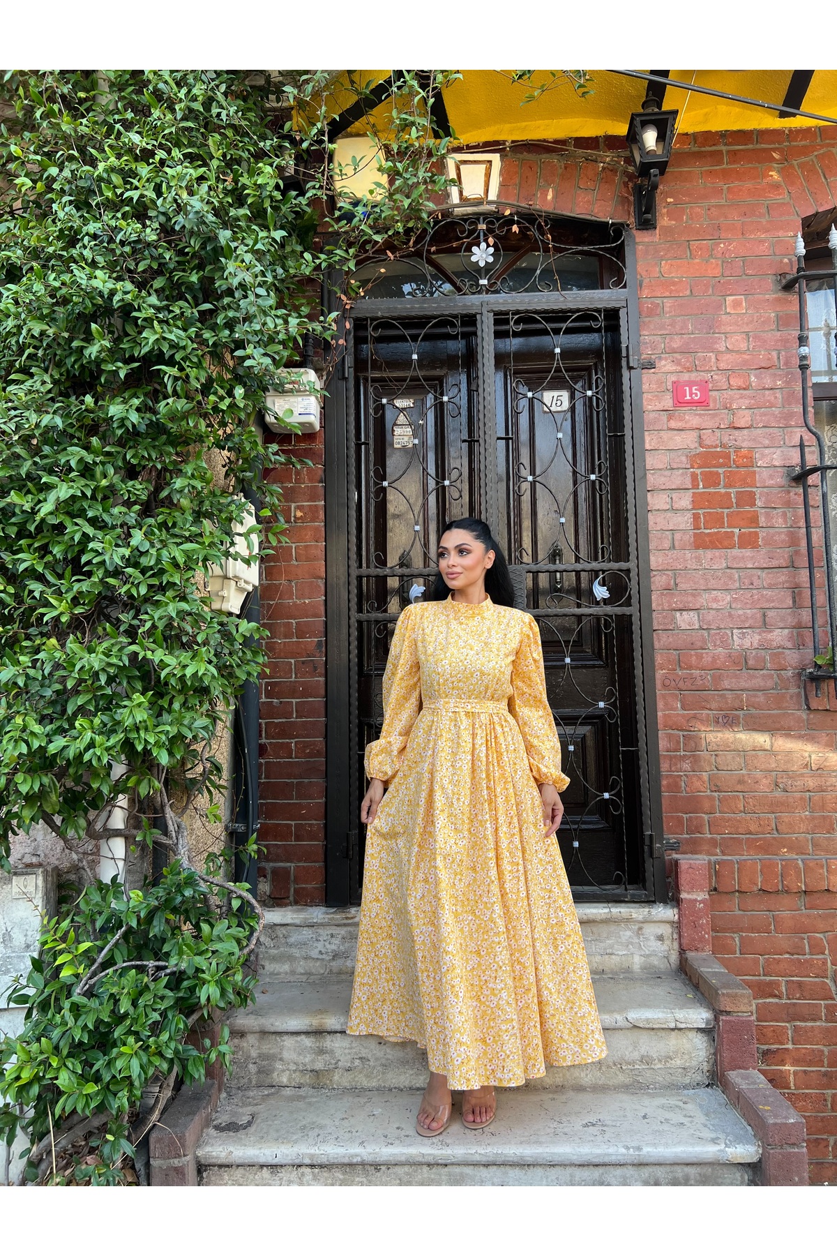 KÜÇÜĞÜM BUTİK  Tesettür Sarı Papatya Poplin Kloş Elbise - Görsel 6