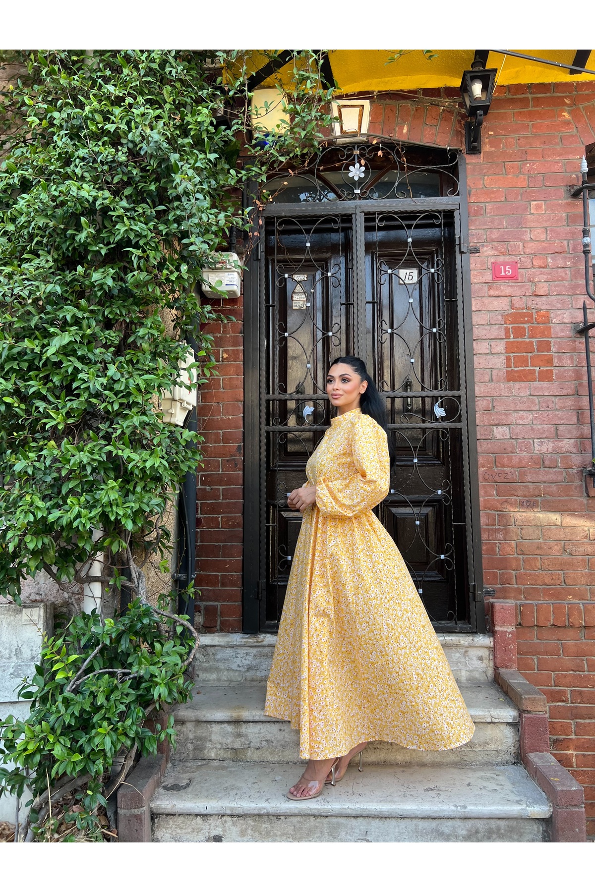 KÜÇÜĞÜM BUTİK  Tesettür Sarı Papatya Poplin Kloş Elbise - Görsel 5