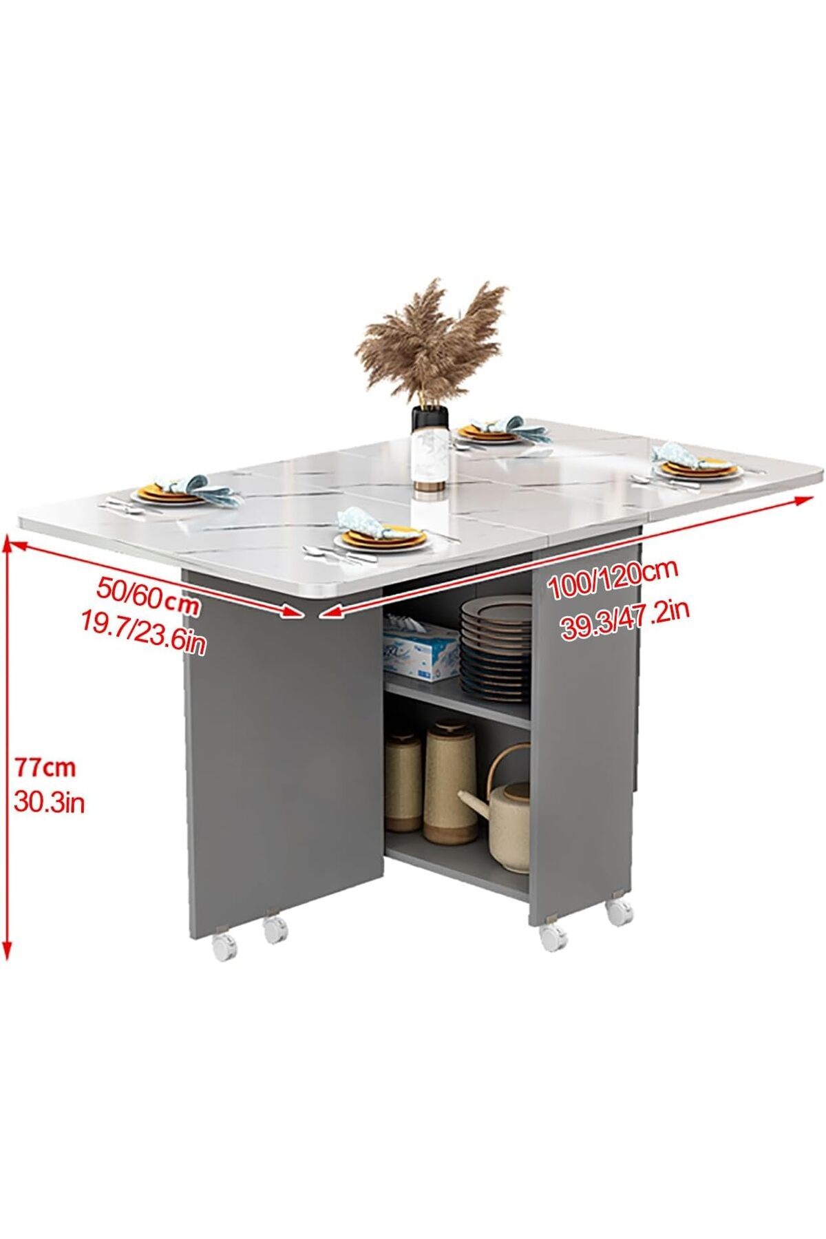 Türkiye-Folding Dining Table with Storage, Rolling Drop Leaf Table with Open Shelf and 6 Wheels 3