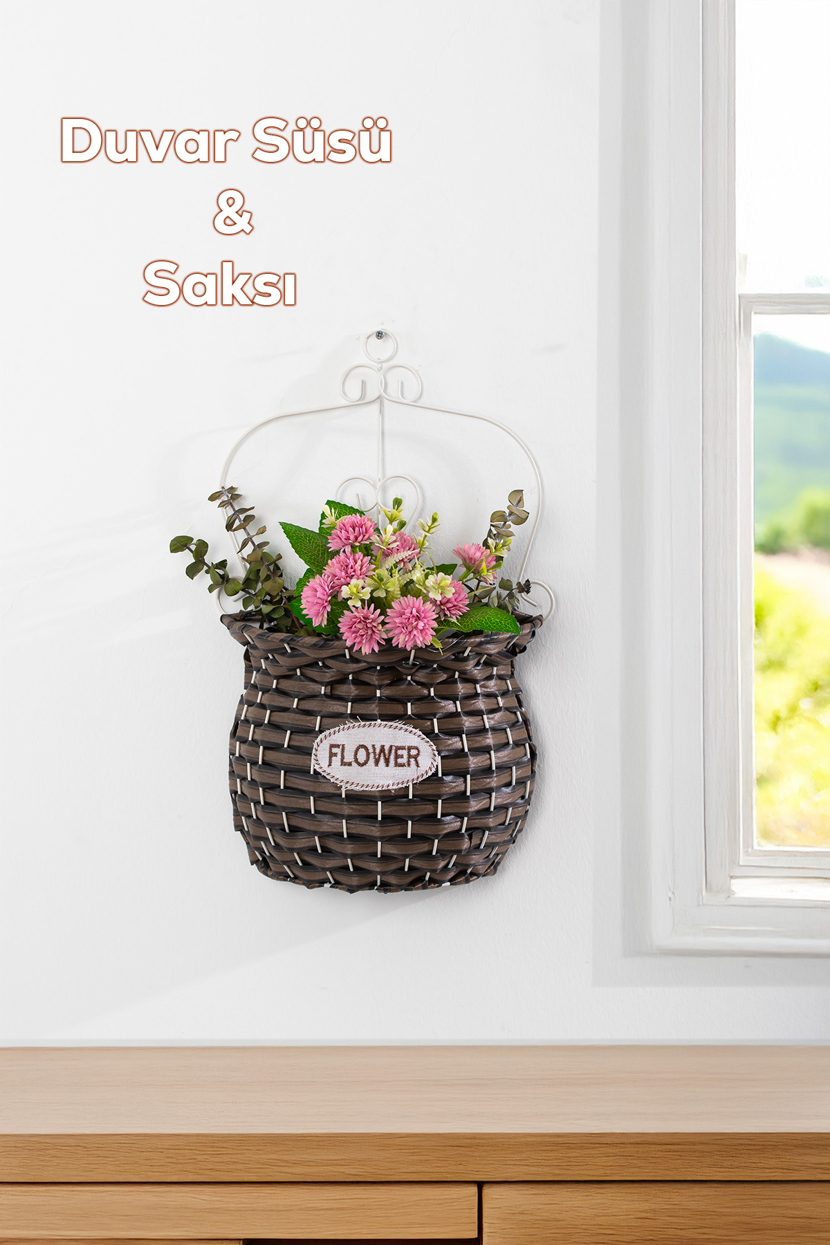 Porsima 2066-1 Kahve Dekoratif Çok Amaçlı Saksılık Hasır Modelli Saksı Çiçeklik 24x40cm