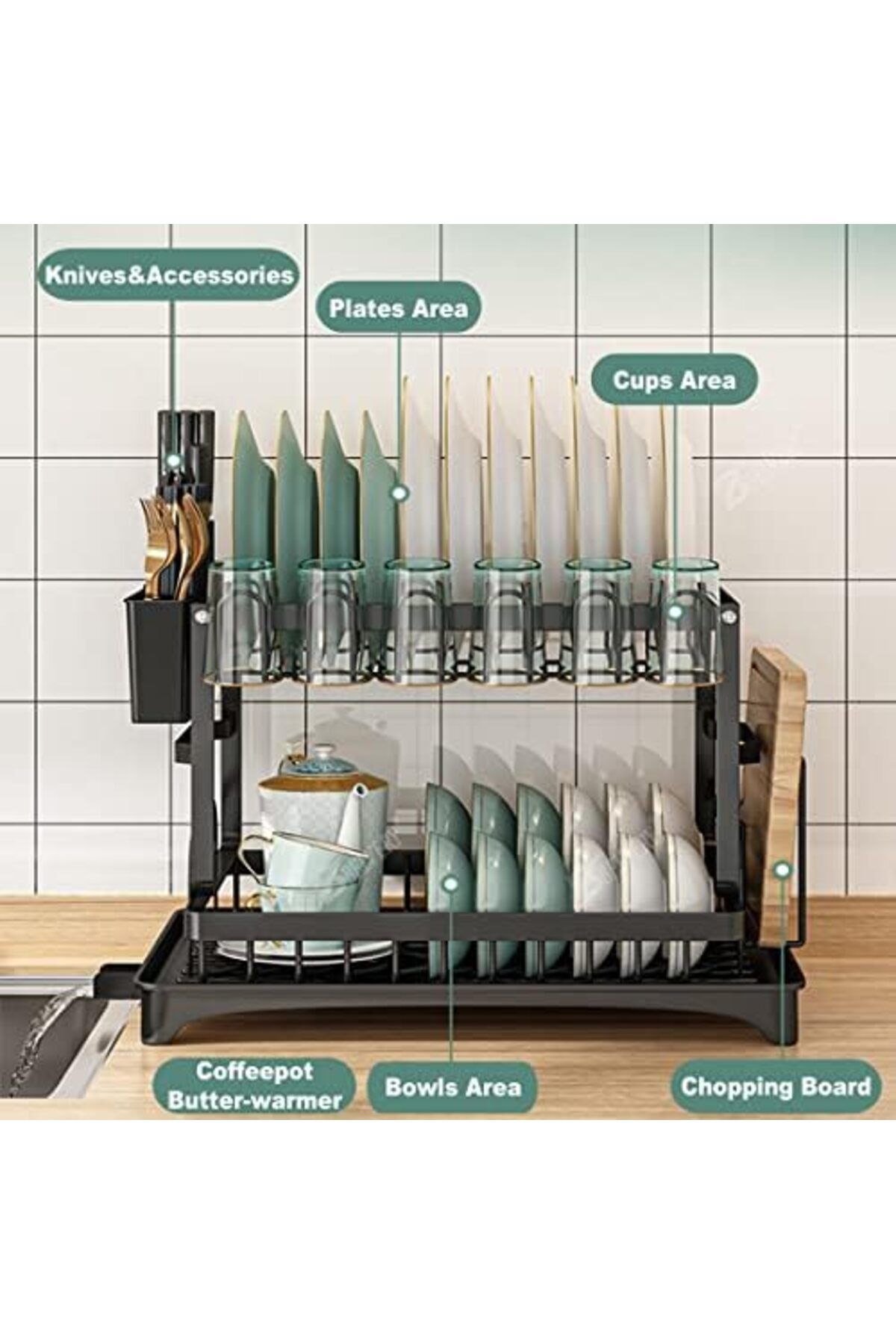 Türkiye-Foldable 2 Tiers Dish Drying Stand With Rotatable Drainage System Large Kitchen Dish Rack Scratch Re 2