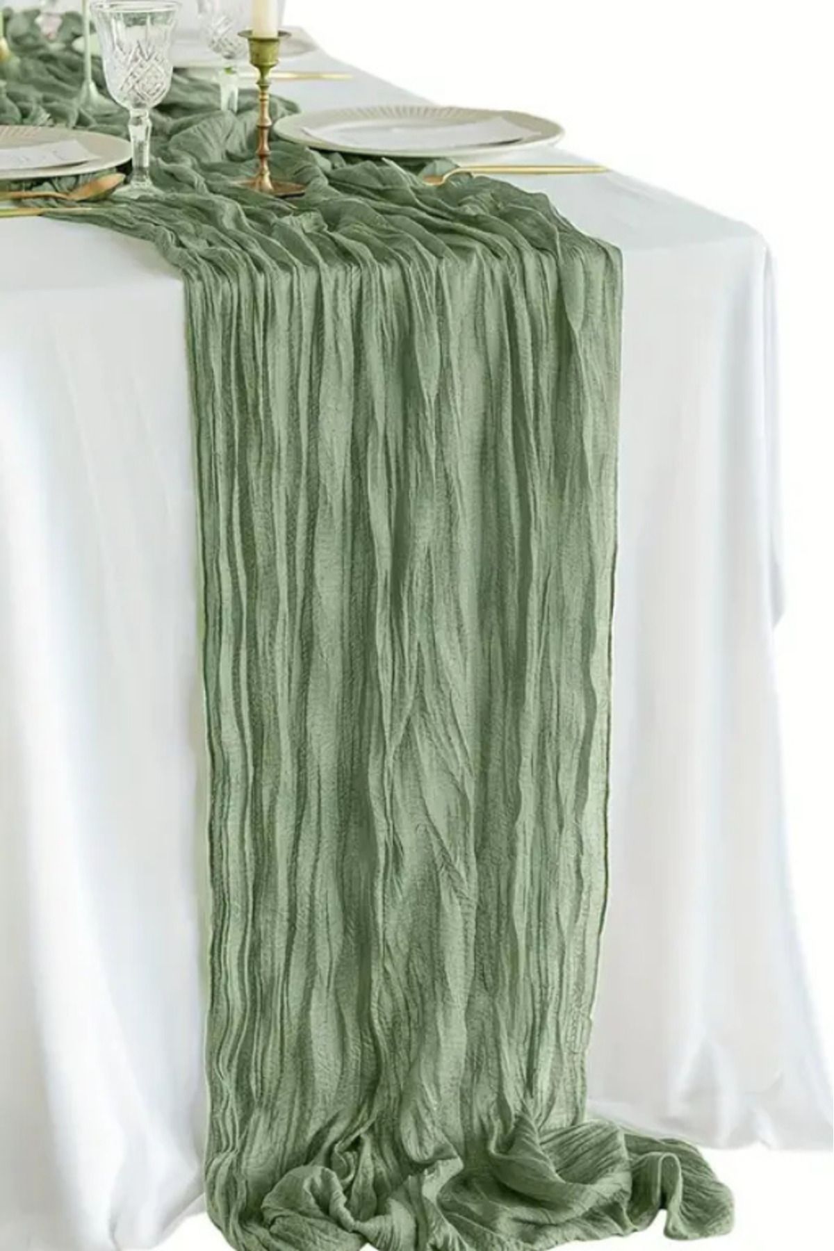 Hobi Goom-Rustic Green Chiffon Draped, Wrinkled Textured Decorative Fabric Bohemian Table Runner |   180X80Cm 1