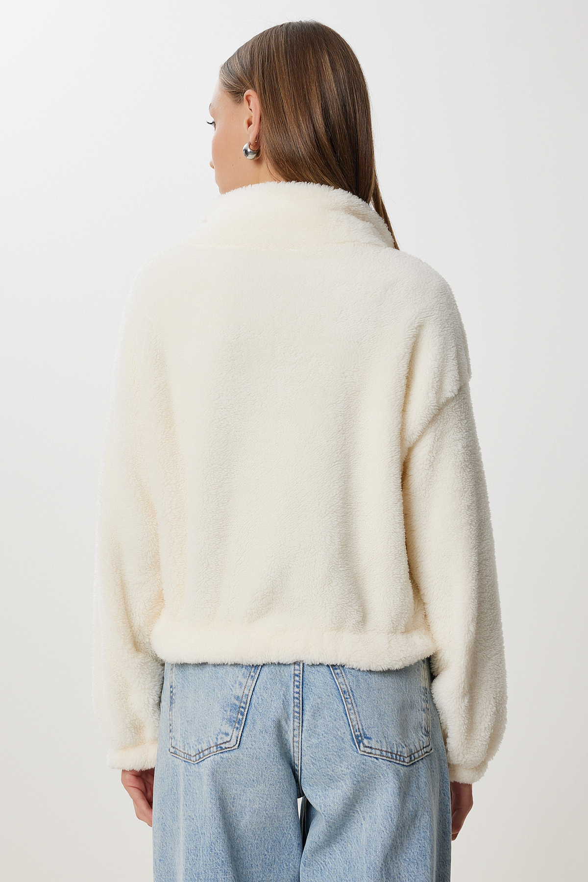 Happiness İstanbul Kadın Kemik Fermuarlı Peluş Sweatshirt ZV00343