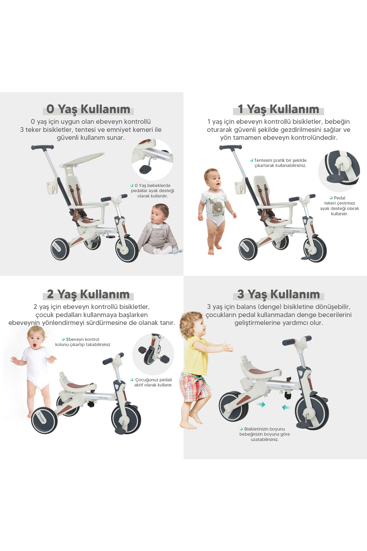 Huggy 6in1 FunTrike Bej 3 Tekerlekli Bebek Bisikleti |Ebeveyn Kontrollü, Katlanabilir ve Denge Modlu fotoğrafı 2 (önizleme)