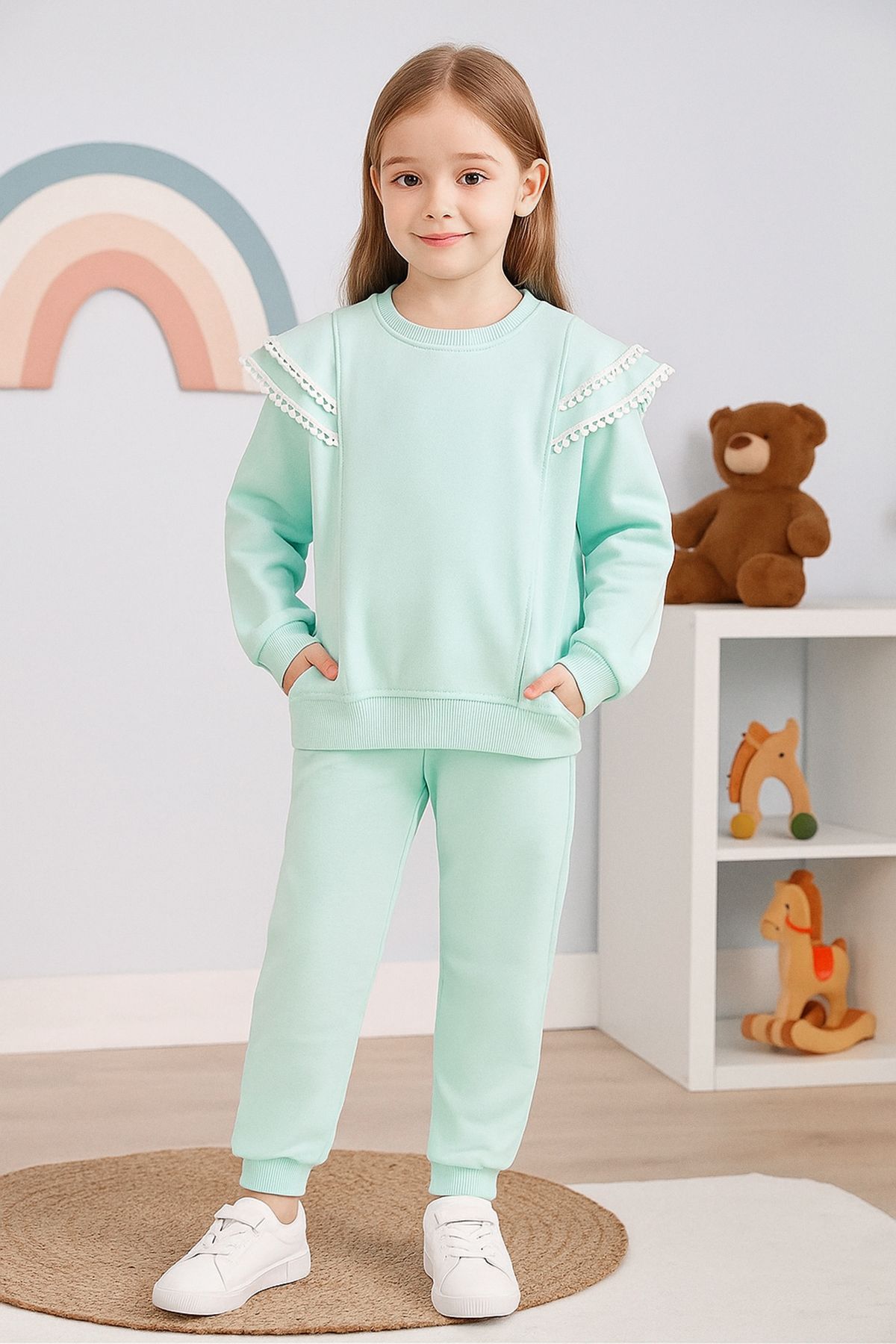 TRENDYOLKIDS Lány menta kötött szett – vékony fodros részlet, csavaros nyak Tkdaw25au00081