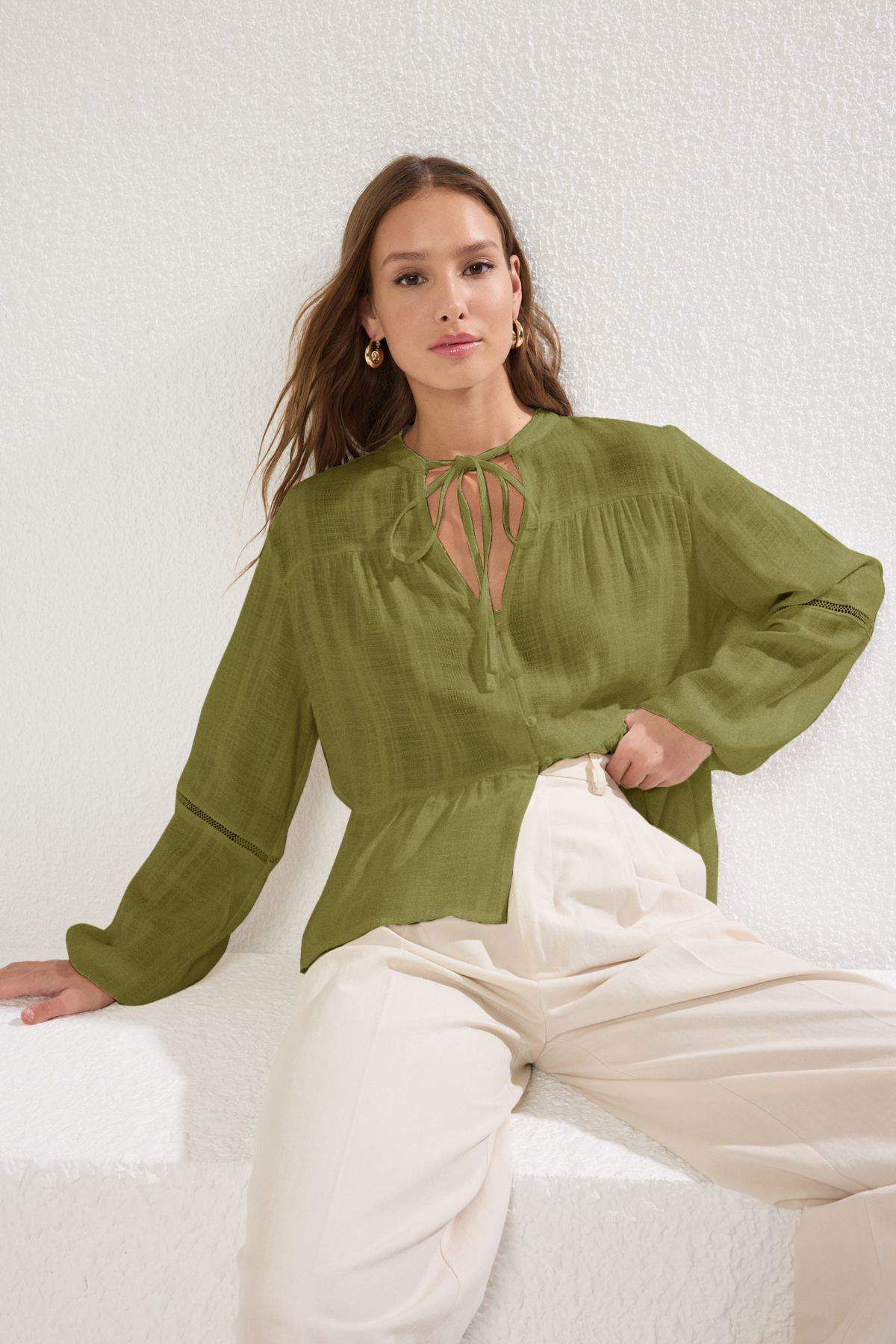 Trendyol Collection Haki Pamuklu Dokulu Kolda Dantelli Oversize Boho Dokuma G...