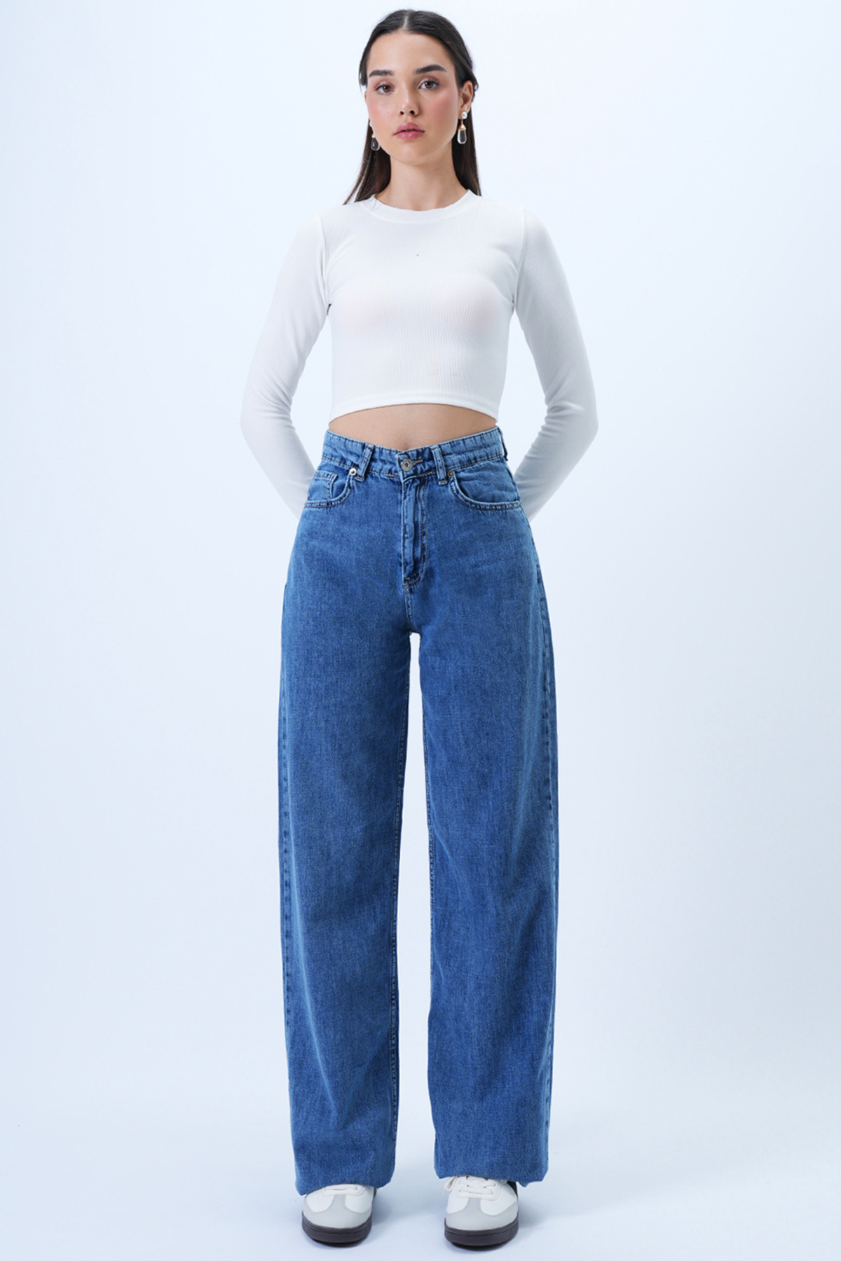 Trend Alaçatı Stili Kadın Mavi 5 Cepli Yıkamalı Yazlık Palazzo Jean Pantolon ALC-X14306