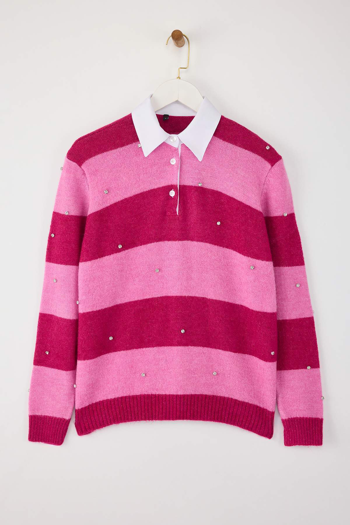 Trendyolmilla  Teen Pembe Yumuşak Dokulu Geniş Kalıp Yaka Garnili Taş İşlemeli Triko Kazak TWOAW26KZ00034 - Görsel 7