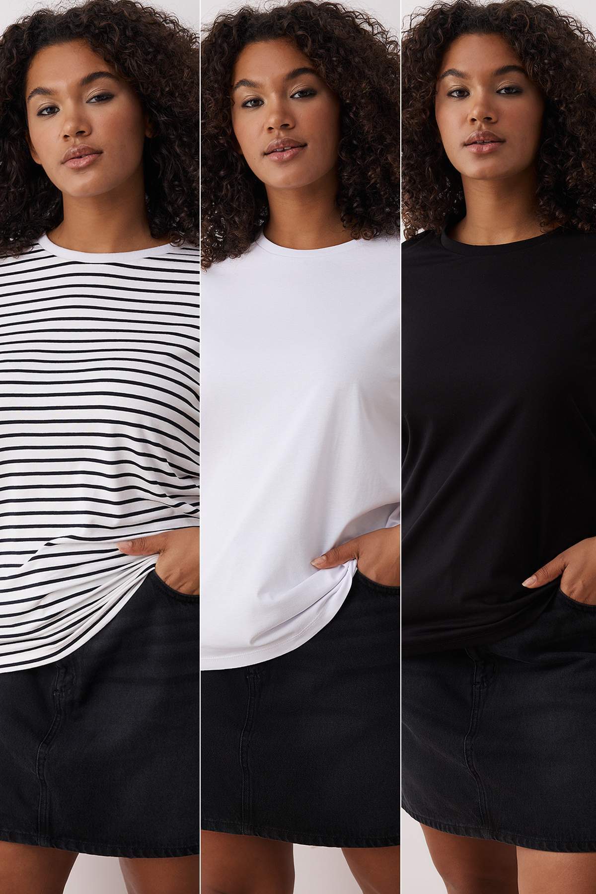 Trendyol Curve Czarno-biała koszulka 3-częściowa duży rozmiar TBBSS25BF00071