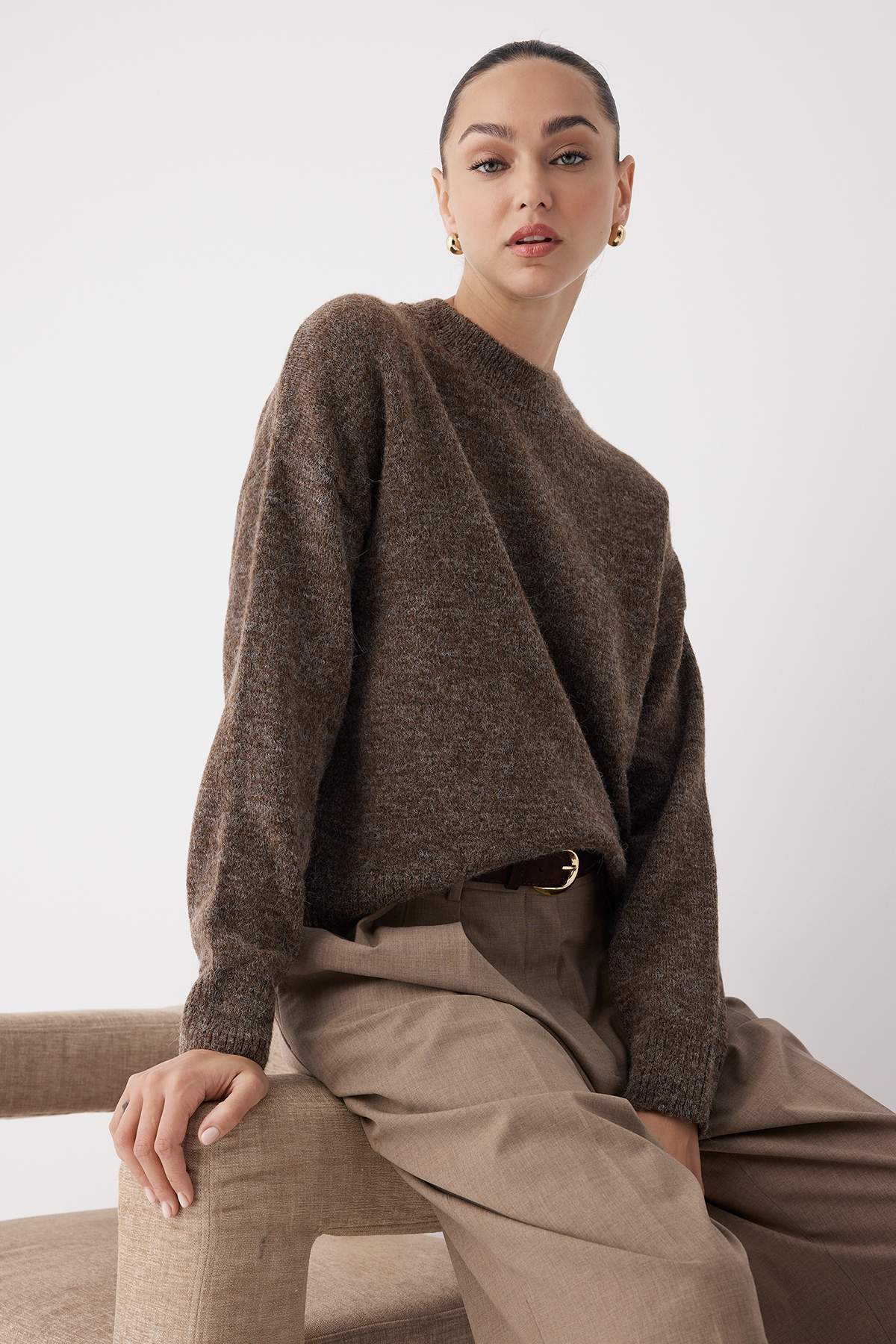 Trendyol Collection Wardrobe Essentials Vizon Alpaka Yün Karışımlı Premium İplik Geniş Kalıp Triko Kazak|TWOAW26KZ00080