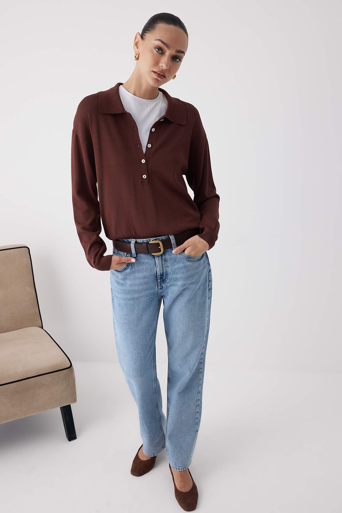 Trendyolmilla  Wardrobe Essentials Kahverengi Merserize Görünümlü Polo Yaka Triko Kazak|TWOAW26KZ00042 - Görsel 2