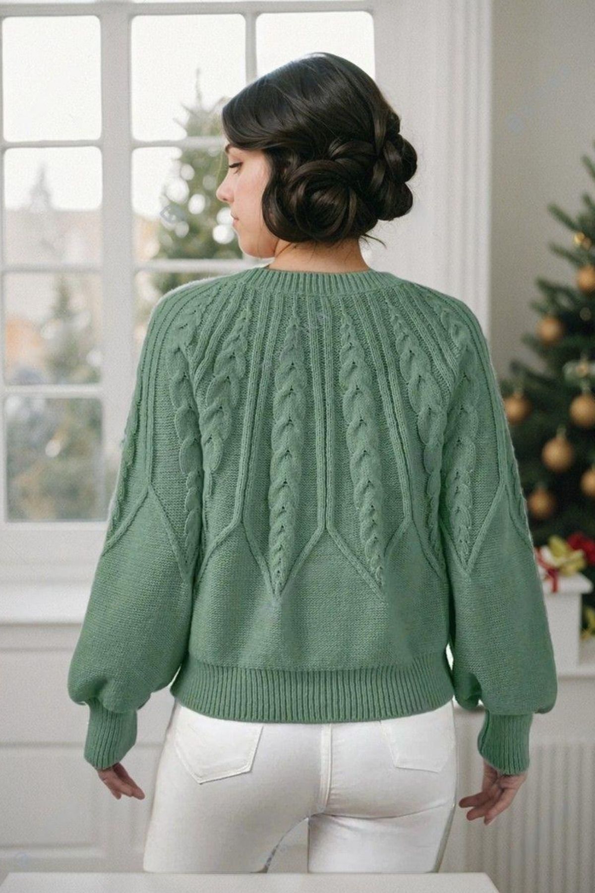 hanope Crew Neck Hair Kötött mintás menta kötött pulóver