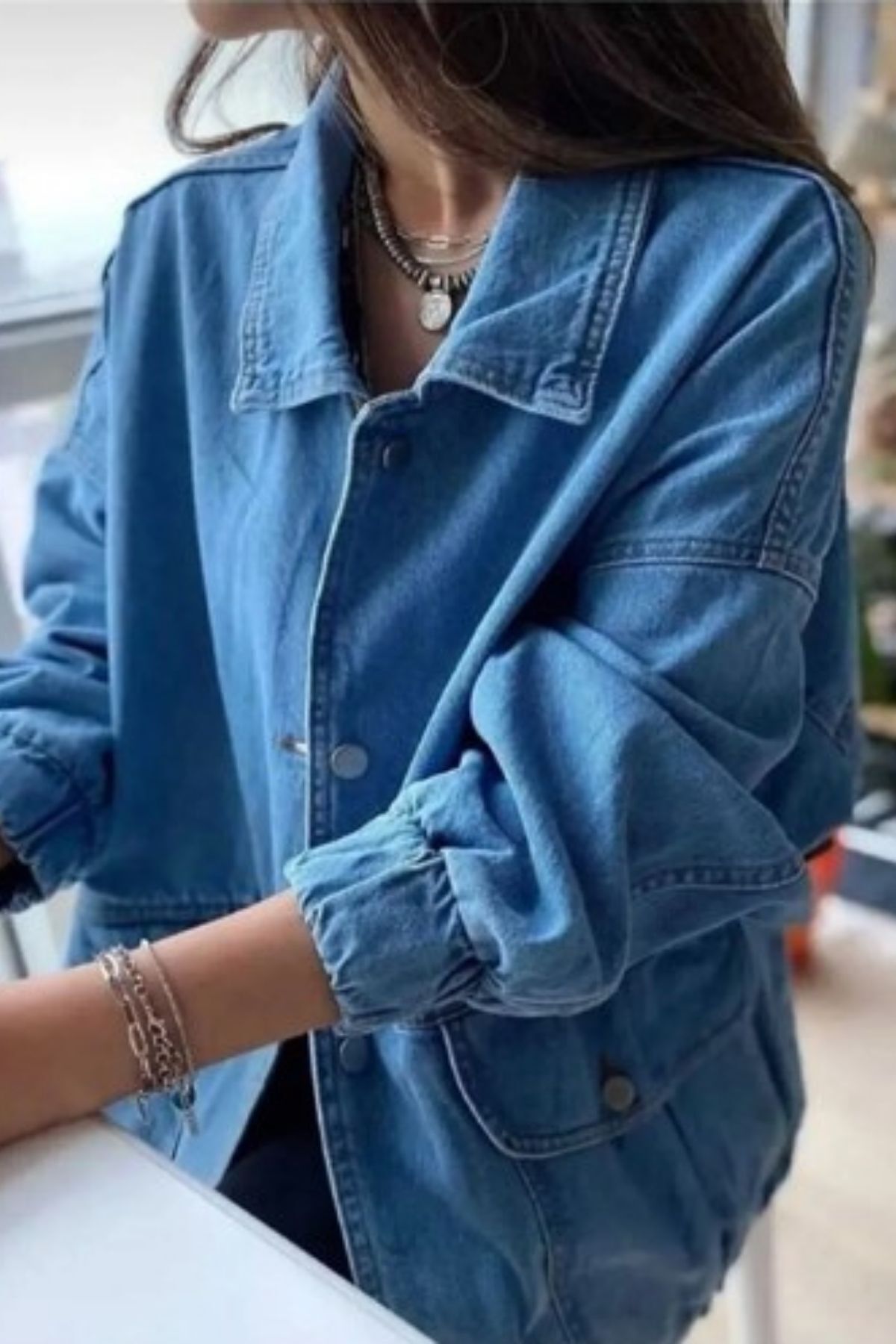 hanope  Kadın Mavi Oversize Kot Ceket 00150 - Görsel 5