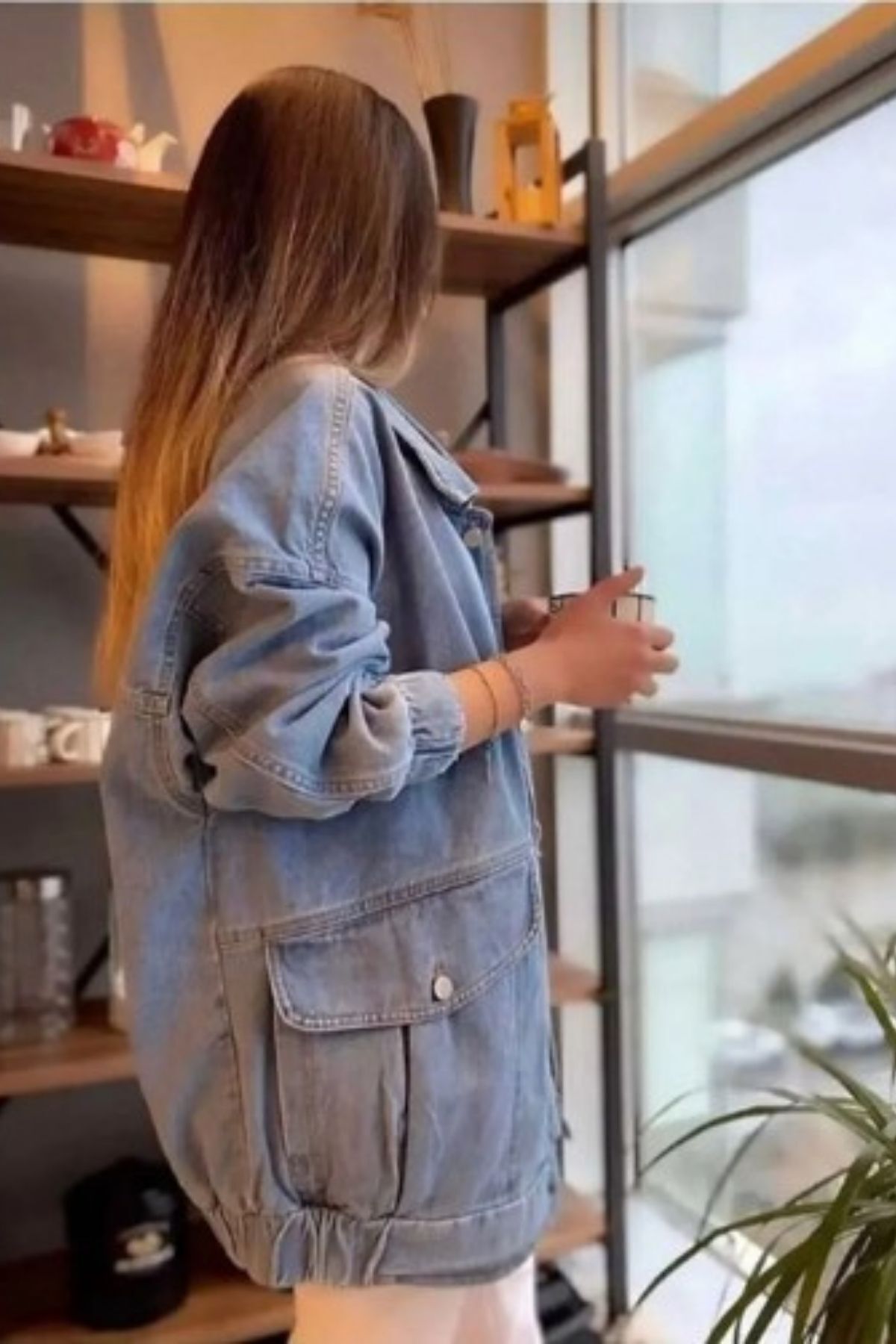 hanope  Kadın Mavi Oversize Kot Ceket 00150 - Görsel 3