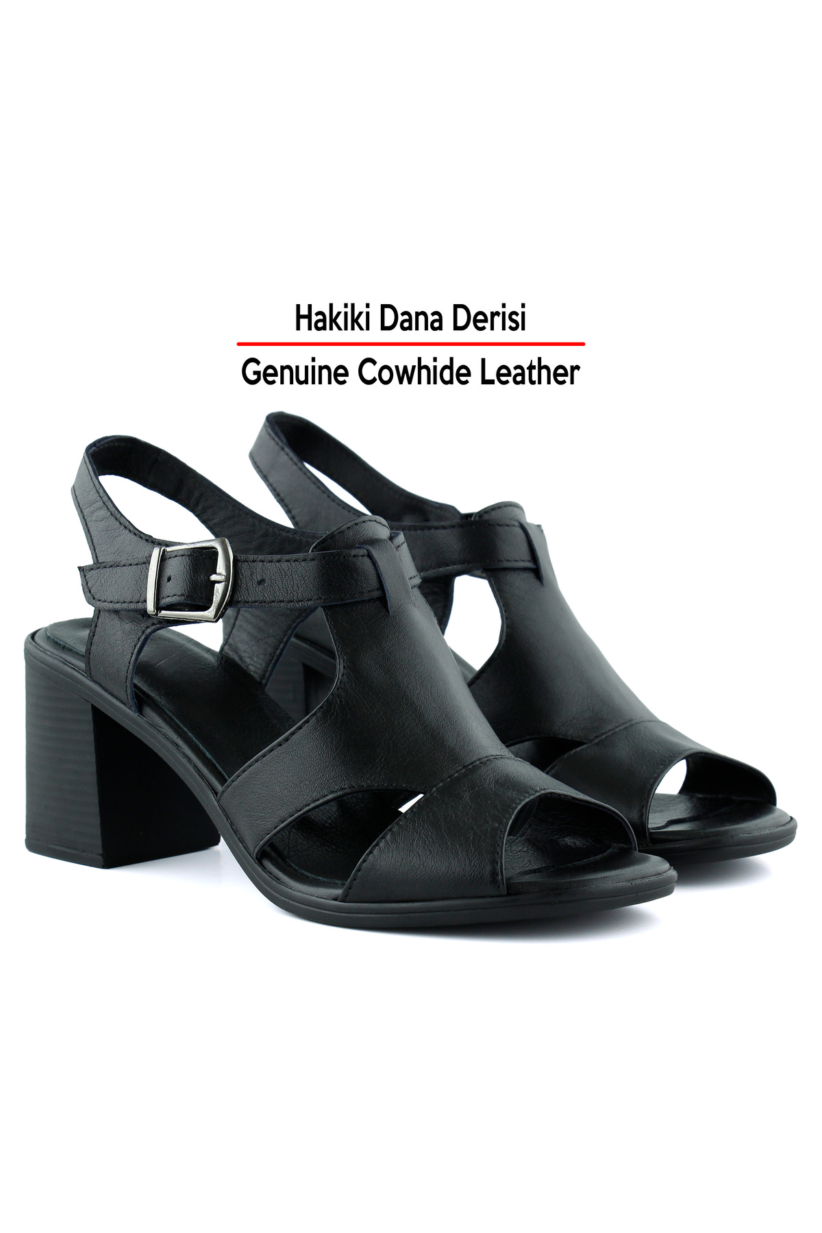 Erkan Saçmacı  Svajone Siyah Hakiki Dana Derisi Kesik Detaylı Tokalı Kalın Topuklu Rahat Günlük Sandalet - Görsel 5