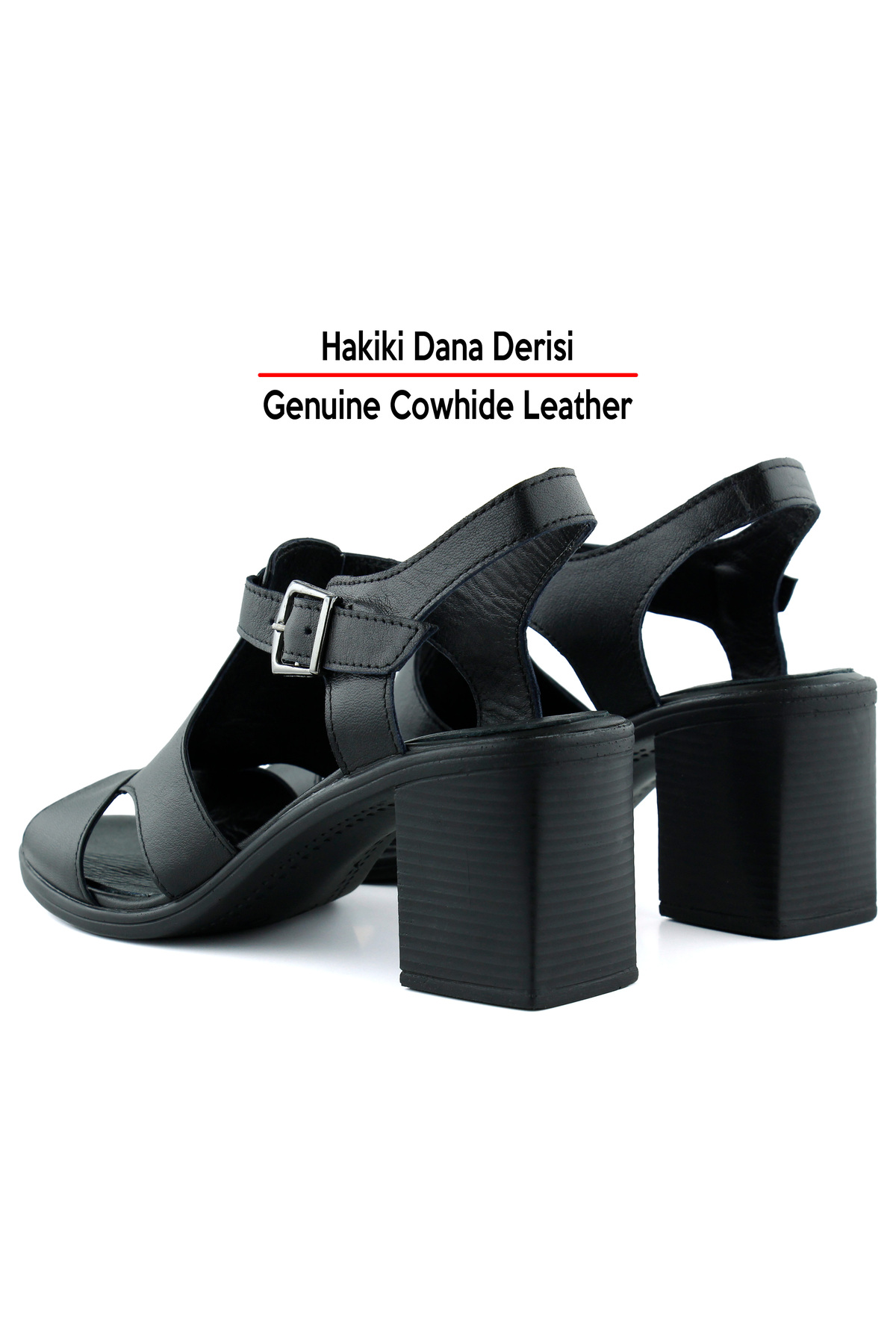 Erkan Saçmacı  Svajone Siyah Hakiki Dana Derisi Kesik Detaylı Tokalı Kalın Topuklu Rahat Günlük Sandalet - Görsel 7