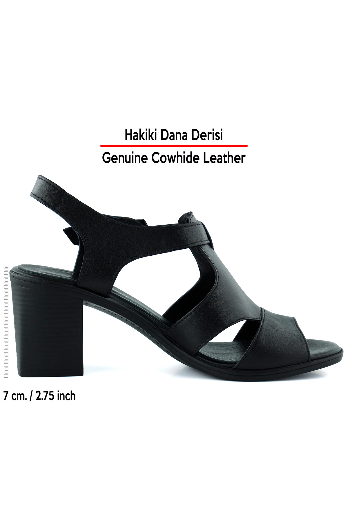 Erkan Saçmacı  Svajone Siyah Hakiki Dana Derisi Kesik Detaylı Tokalı Kalın Topuklu Rahat Günlük Sandalet - Görsel 2