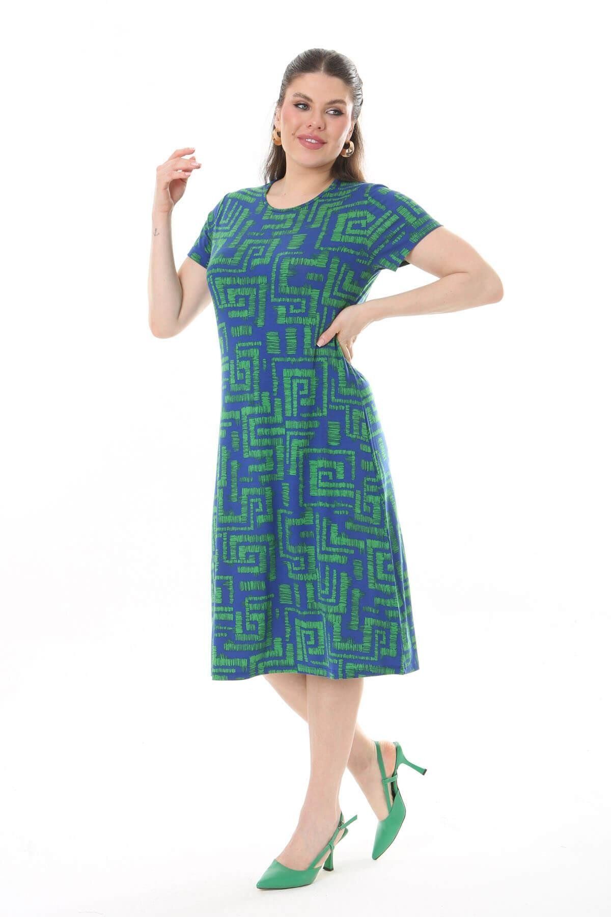 Mooi XXL-Rochie midi cu model labirint albastru verde pentru femei 5