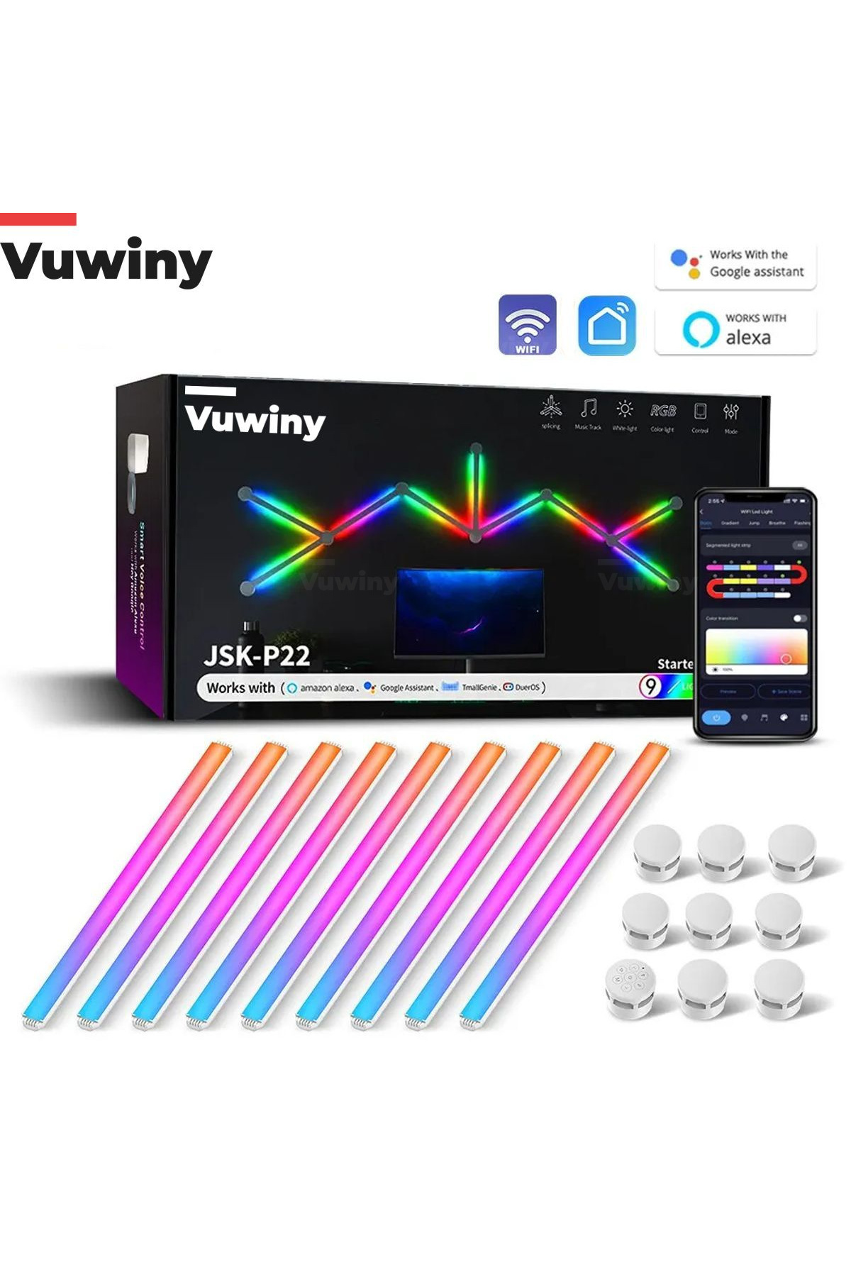 Vuwiny Akıllı Wifi Telefon APP Bağlantılı Şekil Verilebilir Yapıştırmalı RGB-IC 9'lu Akıllı Led Çubuk