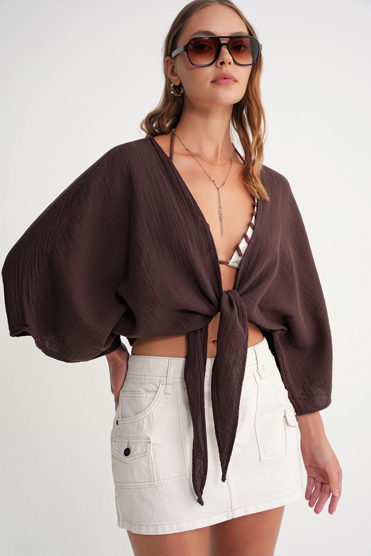 Mixray  4723 Kadın Önü Bağlamalı Bolero Bluz Kahve - Görsel 5