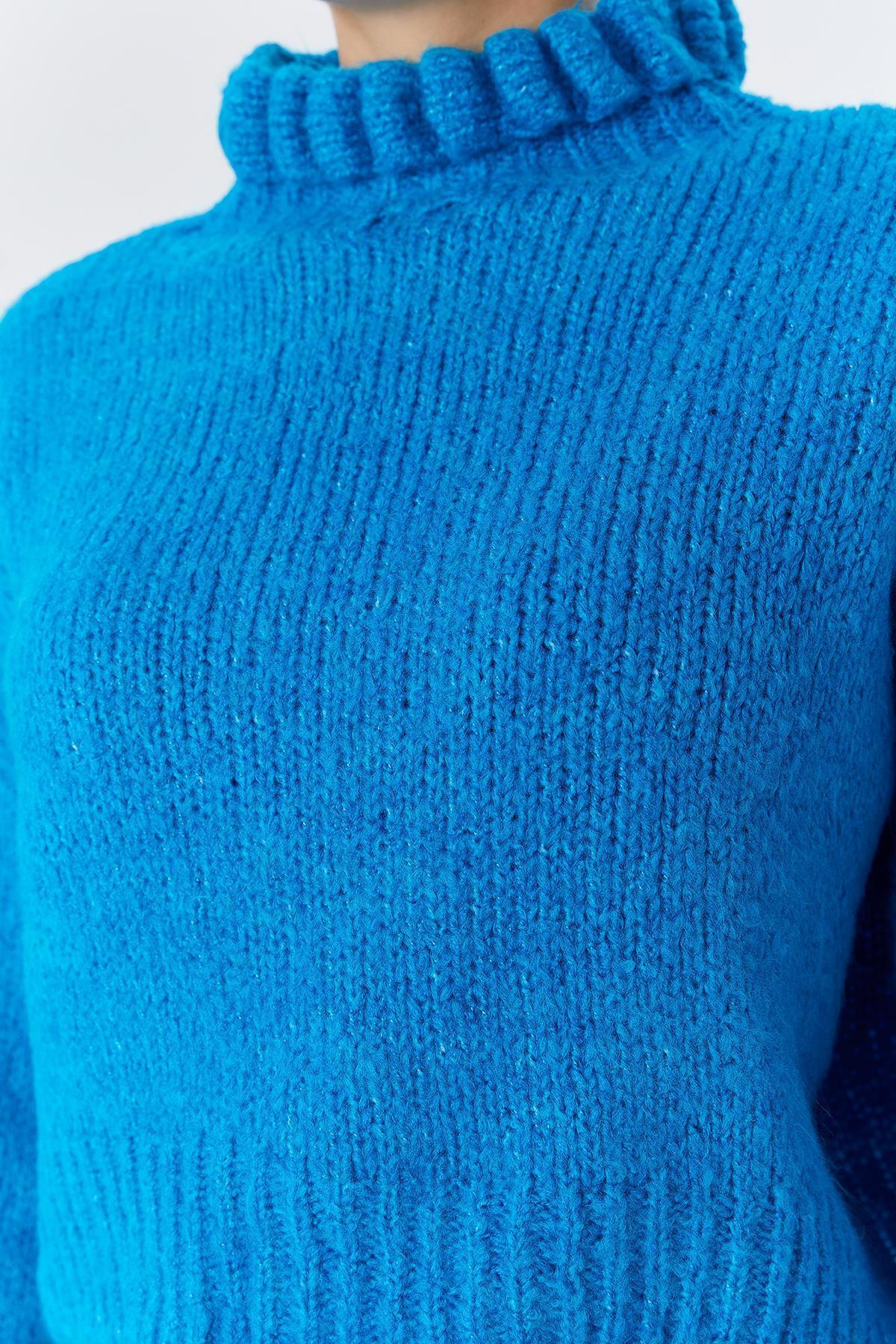 Mixray-6883 Pulover Crop Tricotat Model Albastru - Detaliu Volane 7
