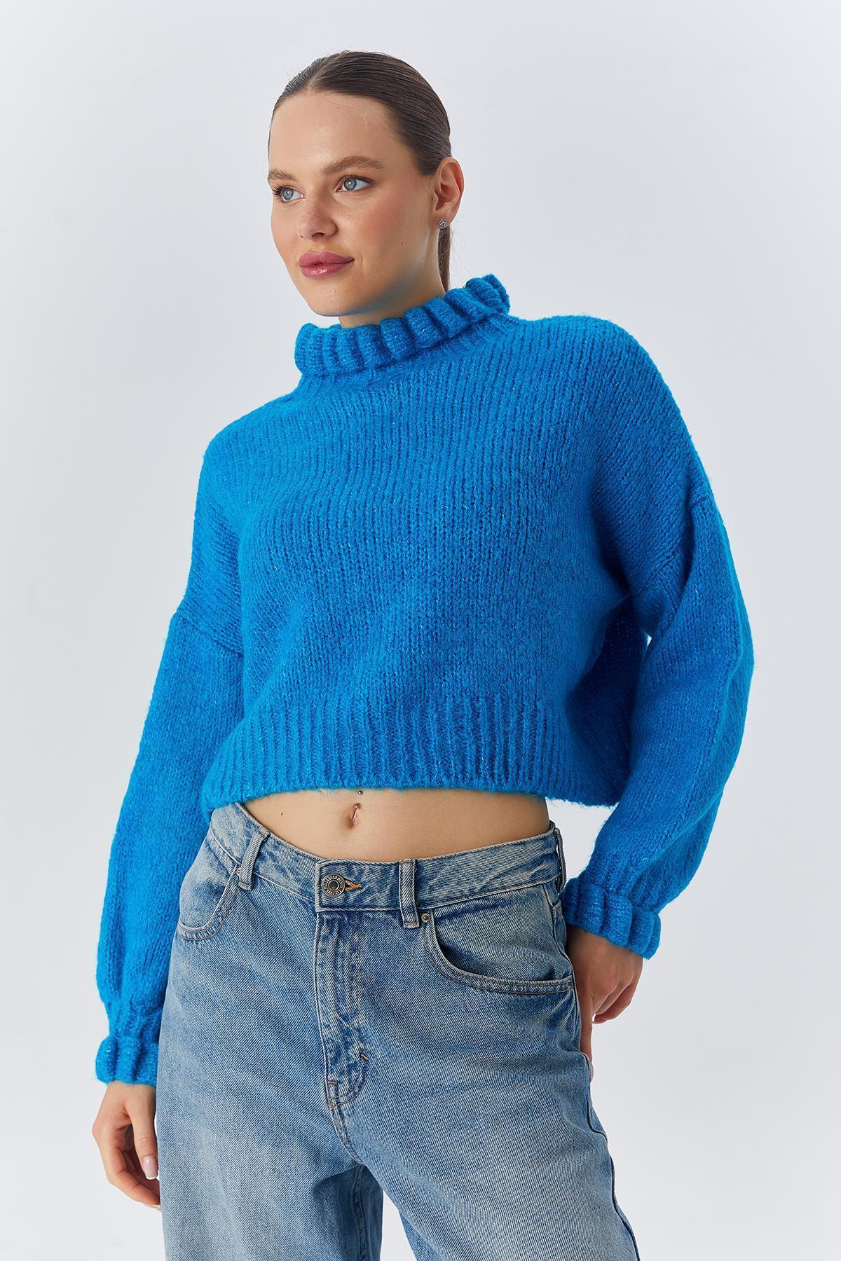 Mixray-6883 Pulover Crop Tricotat Model Albastru - Detaliu Volane 6