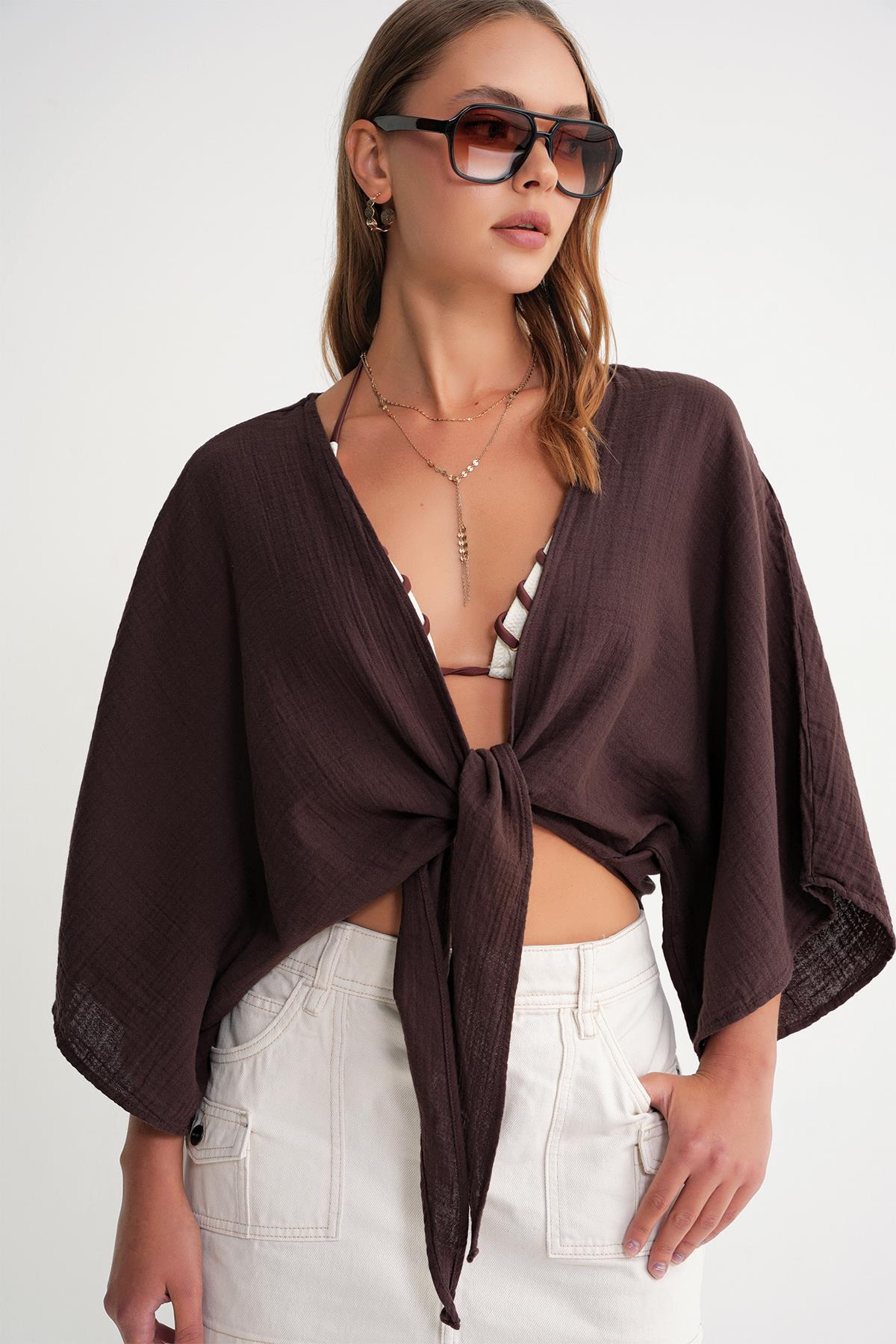 Mixray  4723 Kadın Önü Bağlamalı Bolero Bluz Kahve - Görsel 2